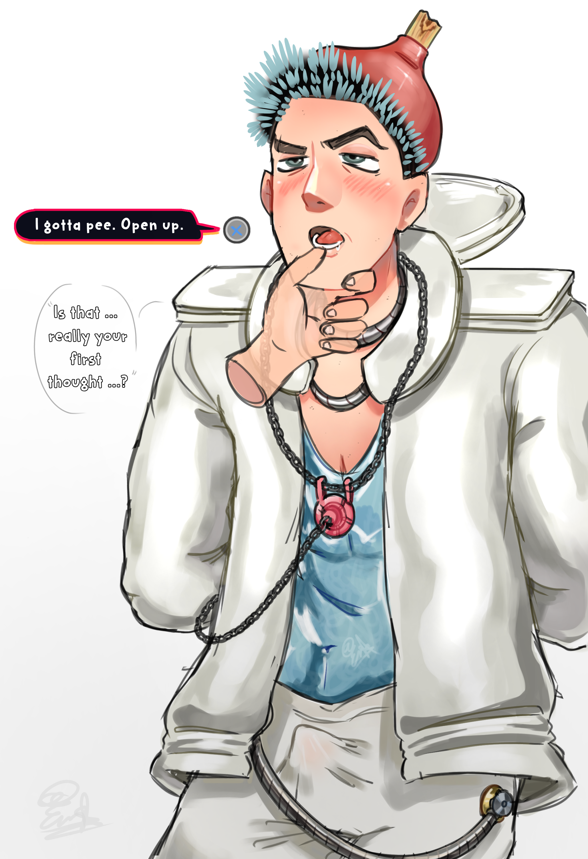 1boy, 1male, accurate art style, angry expression, blue hair, blush, blush lines, boner, boner in pants, chains, date everything, dialogue, dialogue bubble, drool, first porn of character, hand on lips, hand on mouth, irritated, jean-loo pissoir (date everything), kneeling, kneeling position, male, male focus, male only, personification, piss kink, self upload, sketch, suggestive, t0astand3ggs, t0astandeggs, text bubble, thick eyebrows, watermark