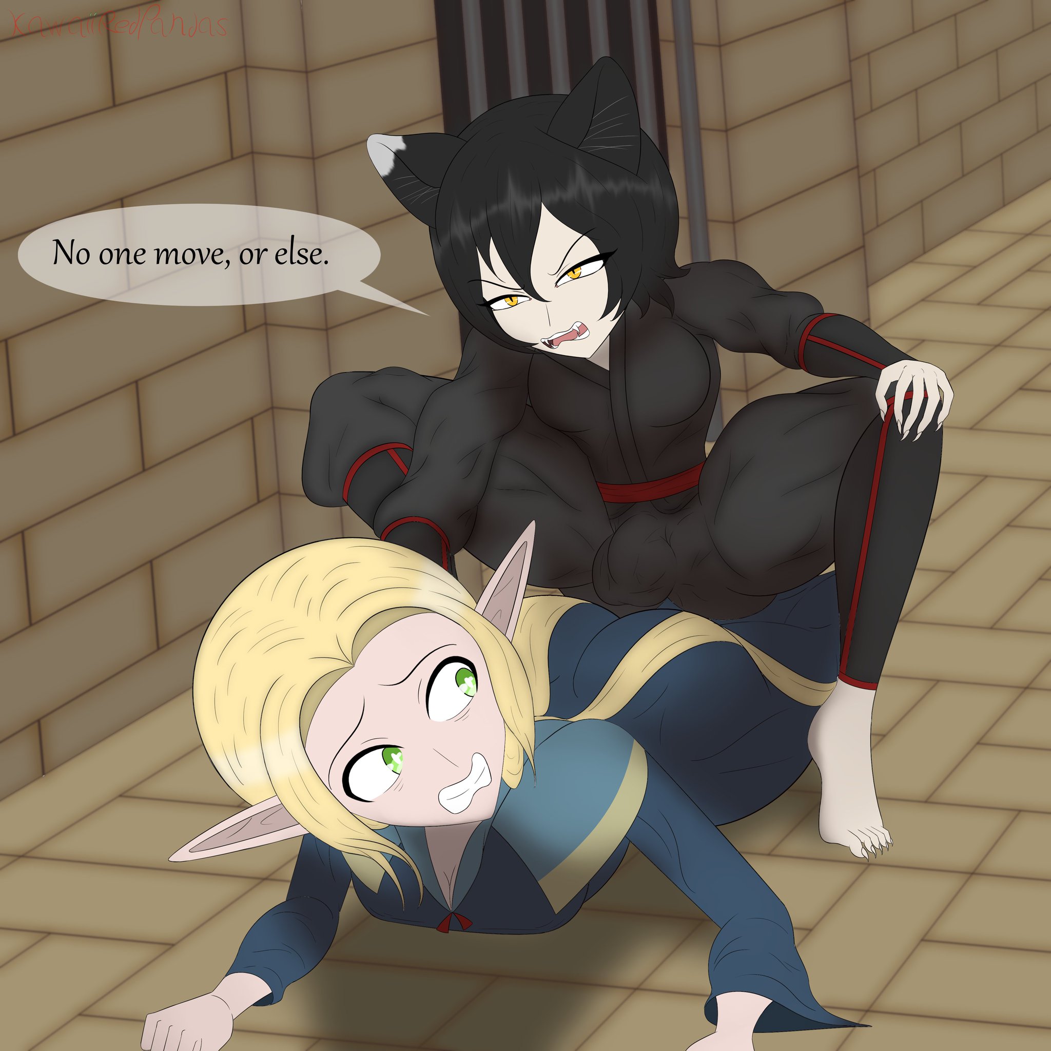 1futa, 1girls, black hair, blonde female, blonde hair, breasts, bulge, bulge through clothing, cat ears, cat girl, cat tail, catgirl, clawed fingers, claws, dungeon, dungeon meshi, elf, elf ears, elf female, elf girl, fair skin, fangs, female, fur, futa on female, futanari, green eyes, gritted teeth, intersex, izutsumi, kawaiiredpandas, mage, marcille donato, medium breasts, ninja, on stomach, on top, robe, robes, scared, stone floor, stone wall, thick thighs, threatening, yellow eyes