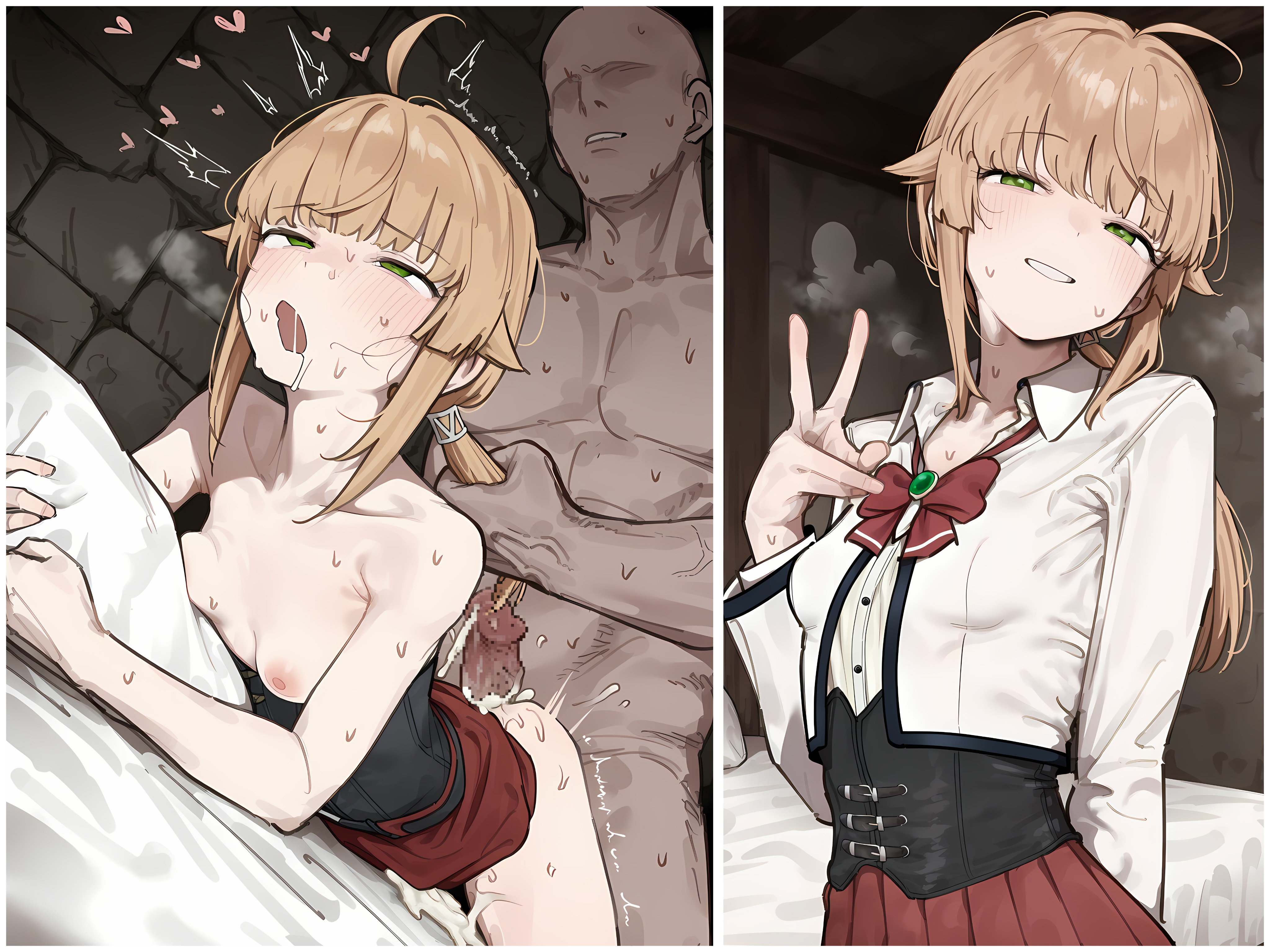 1girl, 2koma, abs, absurdres, after sex, ahegao, ai generated, anime style, ass, bald, big penis, blonde hair, breasts, bull, cheating, creampie, cuckold, cuckolding, cum, cum in pussy, cum inside, curvy, dark skin, dark-skinned male, doggy style, hentai, hi res, high quality, high resolution, impregnation, impressed, large penis, light skin, light-skinned female, male domination, masterpiece, muscular, muscular male, mushoku tensei, mushoku tensei: isekai ittara honki dasu, netorare, nipples, norn, norn greyrat, ntr, nude, ovum, patreon, patreon username, penis, petite, petite body, petite breasts, petite female, prone bone, pussy, sex, small breasts, spread legs, sweat, teenage female, teenage girl, teenager, thighs, uniform, voluptuous, yonzu9797