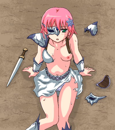 armor breasts female female_only final_fantasy final_fantasy_five final_fantasy_v green_eyes hair_ornament human lenna_charlotte_tycoon lowres miniskirt nipples ottosei pink_hair short_hair shoulder_pads sitting skirt solo sweat sword torn_clothes weapon wristband