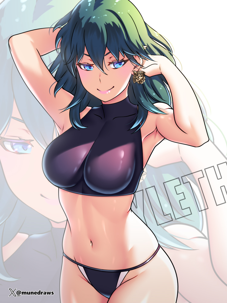 1girls, armpits, bikini, black bikini, blue eyes, blue hair, blush, breasts, byleth (fire emblem), byleth (fire emblem) (female), cleavage, closed mouth, commentary, crop top, earrings, english commentary, etchimune, female, female only, fire emblem, hair between eyes, jewelry, large breasts, long hair, looking at viewer, medium hair, midriff, navel, nintendo, simple background, smile, solo, stomach, swimsuit