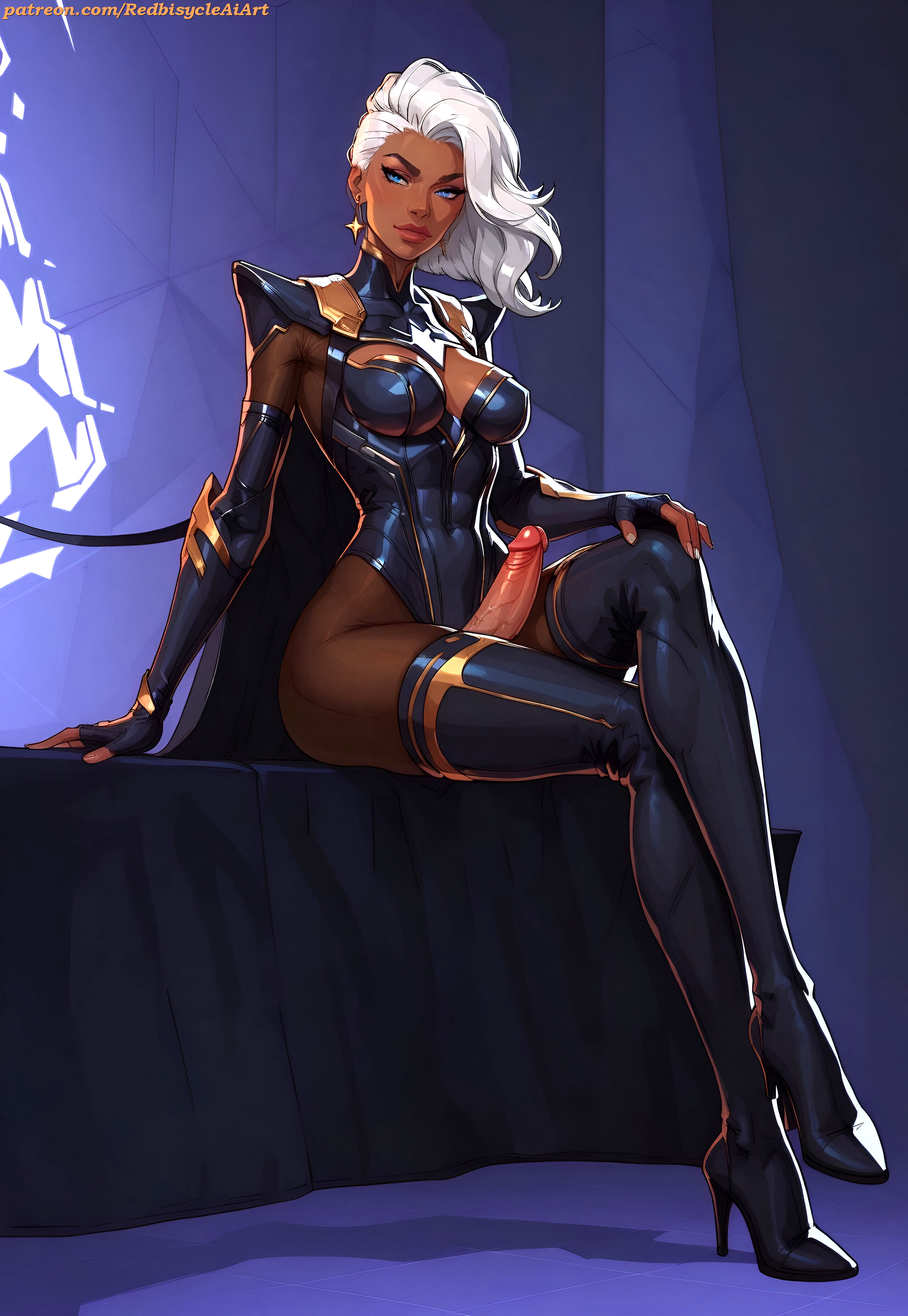 1futa, abs, ai generated, athletic, athletic futa, belly button, big penis, black body, black skin, blue eyes, breasts, cape, cleavage, cleavage cutout, crossed legs, dark skin, dickgirl, earrings, erect penis, erection, fingerless gloves, fit, fit futa, futa focus, futa only, futanari, hand on knee, high heels, high resolution, intersex, large penis, leotard, long hair, looking at viewer, marvel, marvel comics, marvel rivals, medium breasts, medium hair, navel, navel visible through clothes, pantyhose, penis, redbisycle, shoulder pads, sitting, storm (marvel rivals), storm (x-men), superhero, superhero costume, superheroine, tan body, tan skin, thick penis, thick thighs, thigh highs, thighhighs, toned, toned arms, toned back, toned belly, toned body, toned futa, toned legs, toned stomach, veiny penis, white hair, x-men