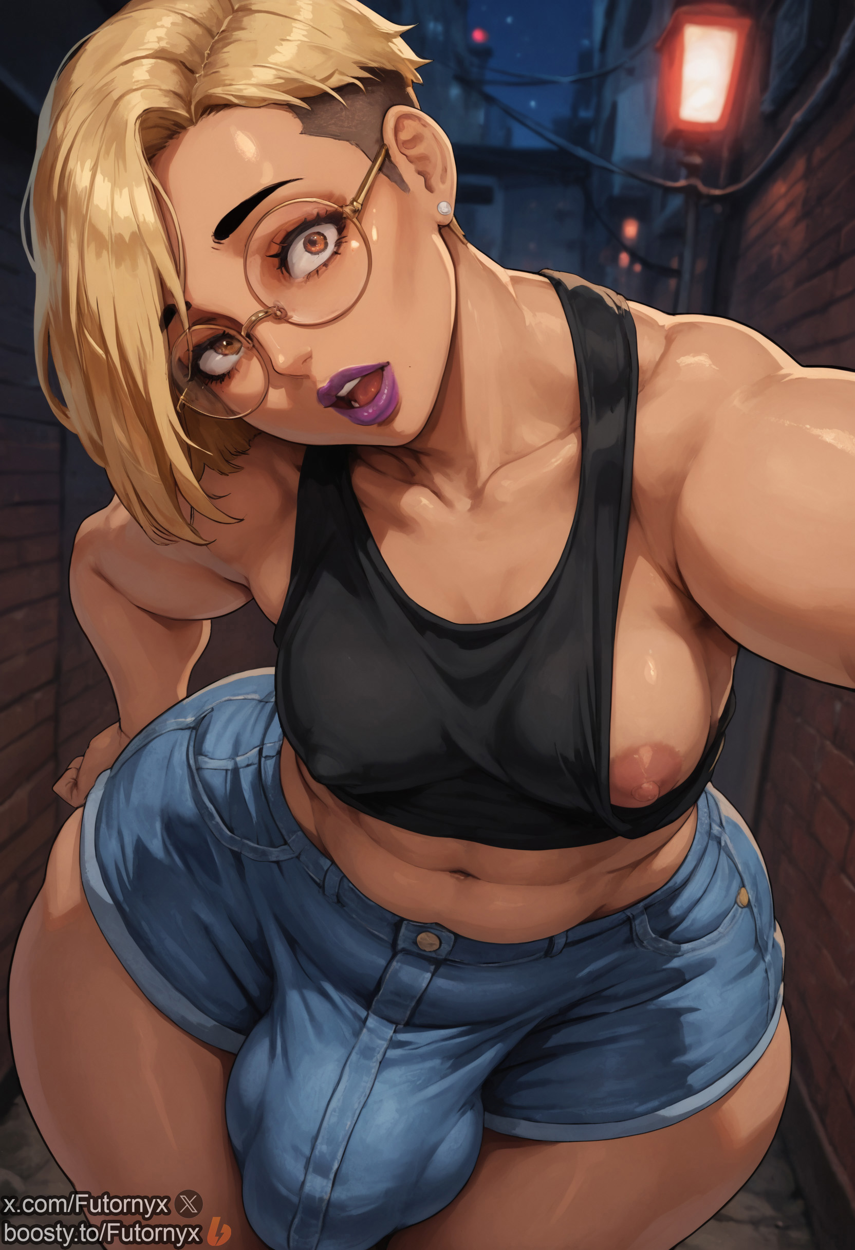 1futa, ai generated, armpits, blonde hair, boosty, boosty username, breasts, brown eyes, bulge, crop top, denim, denim shorts, dickgirl, futanari, futornyx, glasses, intersex, lipstick, nipple out, nipple slip, nipples, open mouth, plump, purple lipstick, round glasses, shiny skin, short hair, small breasts, solo, thick thighs, twitter username, wide hips
