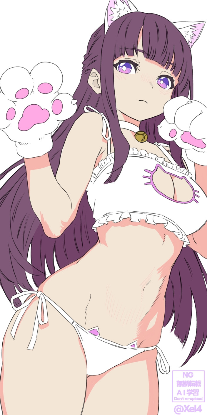 1girls, artist name, bell choker, bell collar, boob window, breasts, cat bikini, cat collar, cat ears hairband, cat lingerie, cat paws, eyebrows visible through hair, female, fern (sousou no frieren), frieren beyond journey's end, large breasts, neutral expression, purple eyes, purple hair, sousou no frieren, white bikini, white bikini bottom, white bikini top, xel4