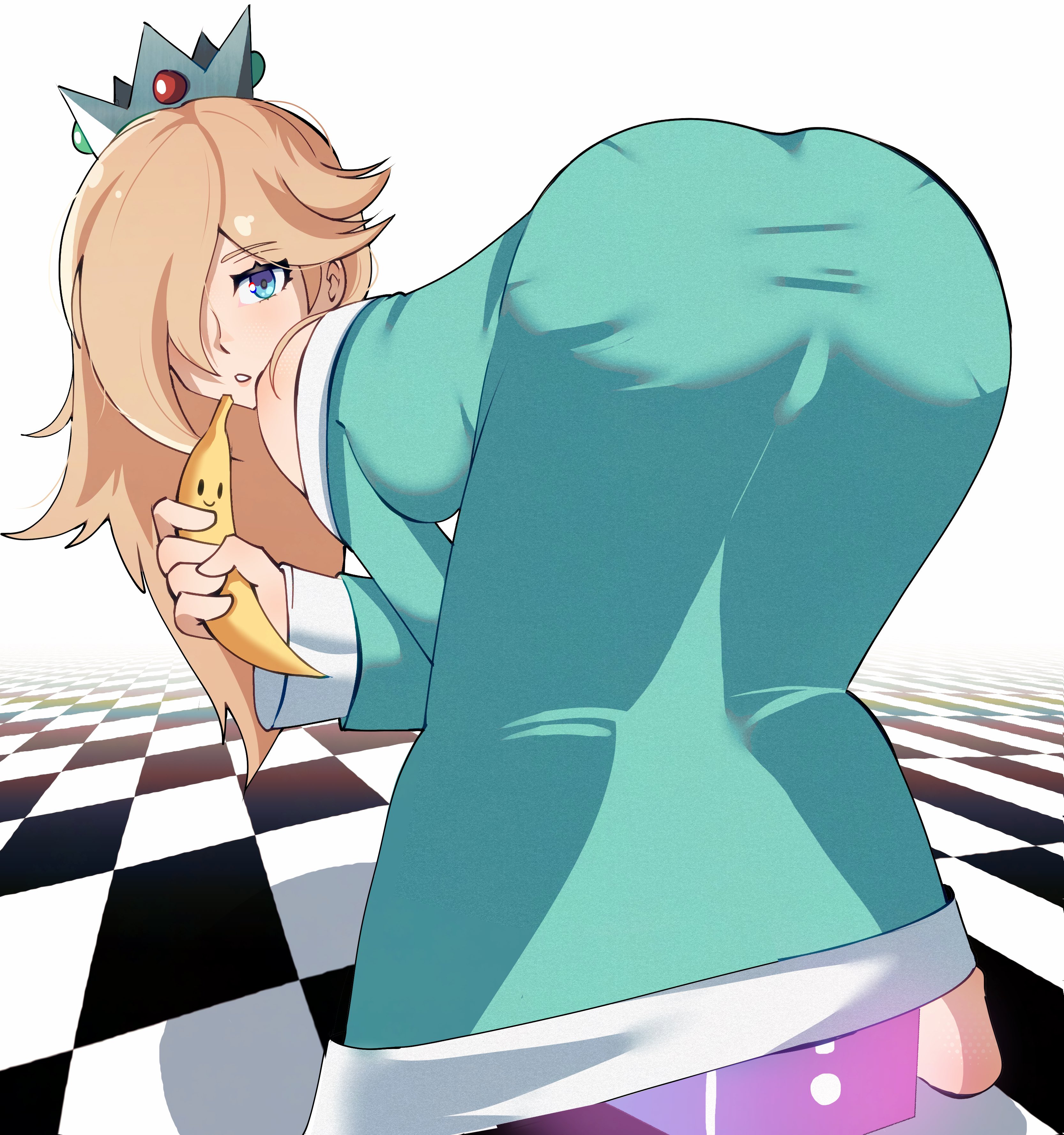 1girls, arched back, ass, ass focus, ass in dress, banana, bent over, blonde female, blonde hair, blue dress, blue eyes, clothing, dress, female, gjh 1, horny, horny female, item box, jpeg, leaning forward, looking back, mario (series), mario kart, nintendo, pantylines, princess, princess dress, princess rosalina, super mario galaxy, super smash bros.