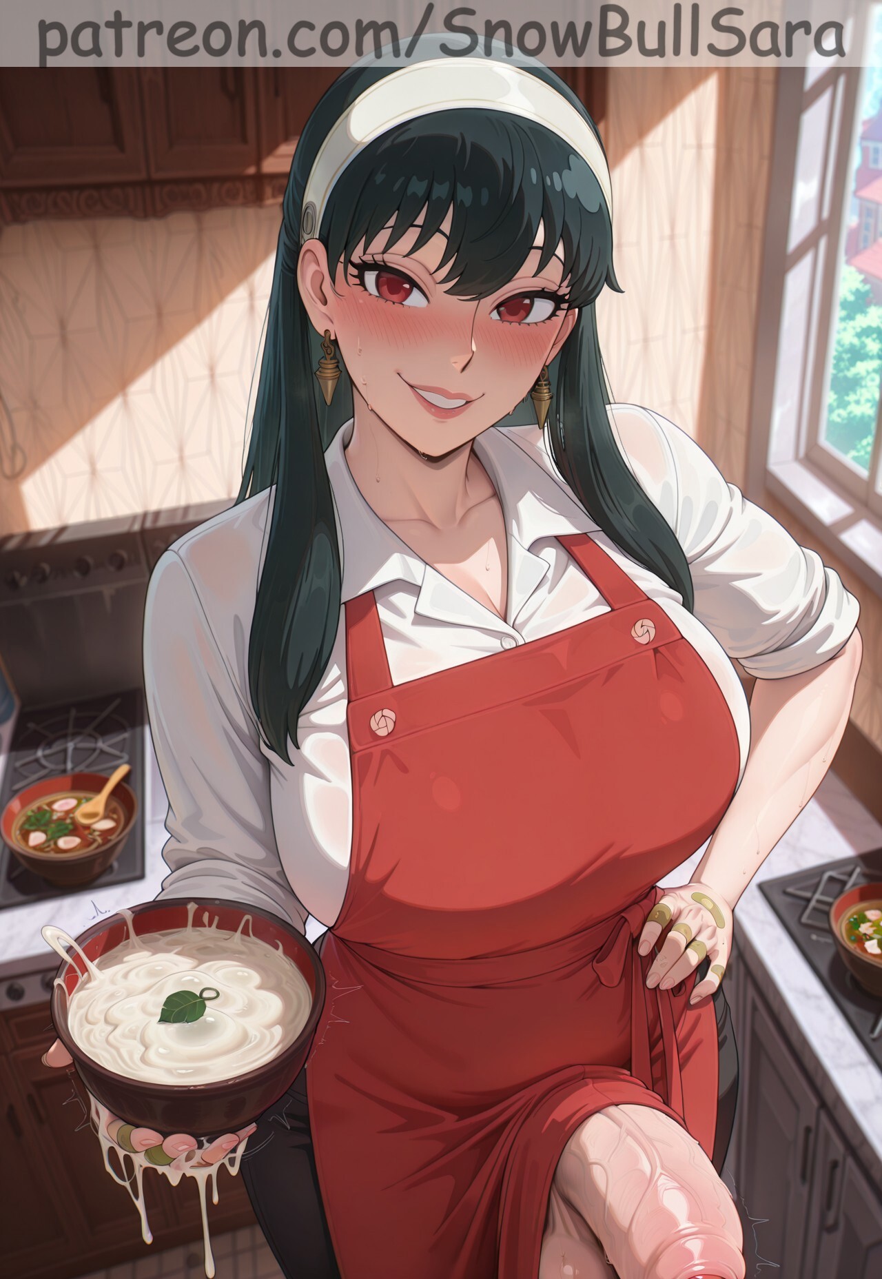 ai generated, ass, big ass, big breasts, big penis, blush, breasts, cooking, cum, cum bowl, foreskin, futa only, futanari, handjob, horny, huge cock, intersex, kitchen, kitchen sex, looking at viewer, nervous, penis, shiny skin, snowbullsara, spy x family, testicles, thick thighs, uncircumcised, yor briar, yor forger