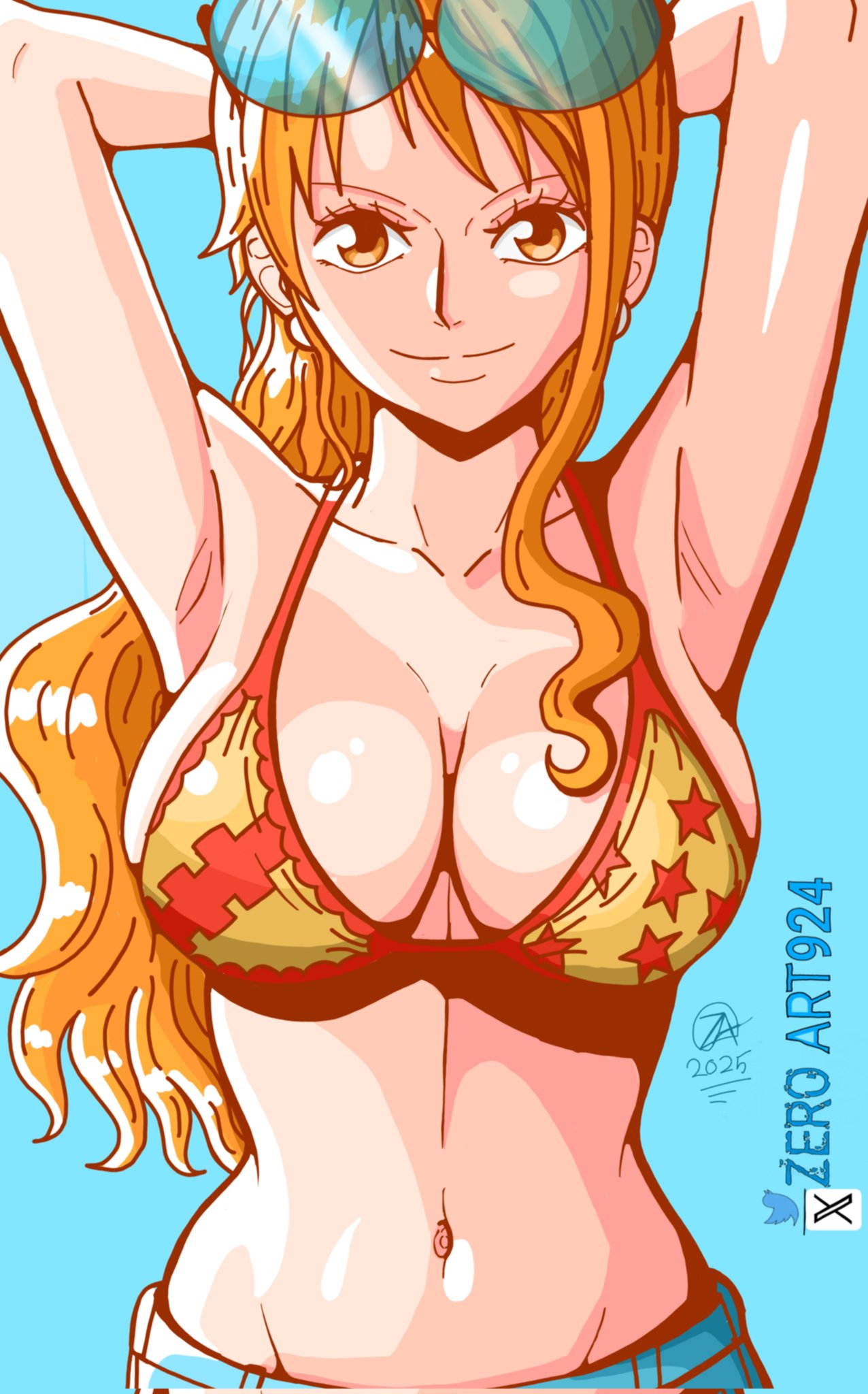 1girls, adult, adult female, arm tattoo, armpit crease, armpit peek, armpits, bare armpits, bare belly, bare chest, bare hands, bare midriff, bare navel, bare shoulders, belly, belly button, big breasts, bikini, bikini top, blue background, breasts, busty, busty female, cleavage, clothing, collarbone, exposed armpits, exposed arms, exposed belly, exposed chest, exposed midriff, exposed navel, exposed shoulders, exposed skin, female, female focus, female only, hairless armpits, hand behind head, hands behind head, high resolution, highres, jeans, large breasts, lean figure, long hair, looking at viewer, mature, mature female, midriff, nami (one piece), narrow waist, navel, one piece, orange eyebrows, orange eyes, orange hair, orange-eyed female, orange-haired female, plump breasts, ponytail, posing, posing for the viewer, shaved armpits, shoulders, simple background, slender body, slender waist, slim waist, smile, smiley face, smiling at viewer, solo, string bikini, sunglasses, sunglasses on head, swimsuit, swimwear, tattoo, tattoo on arm, tattooed arm, upper body, wavy hair, zeroart924