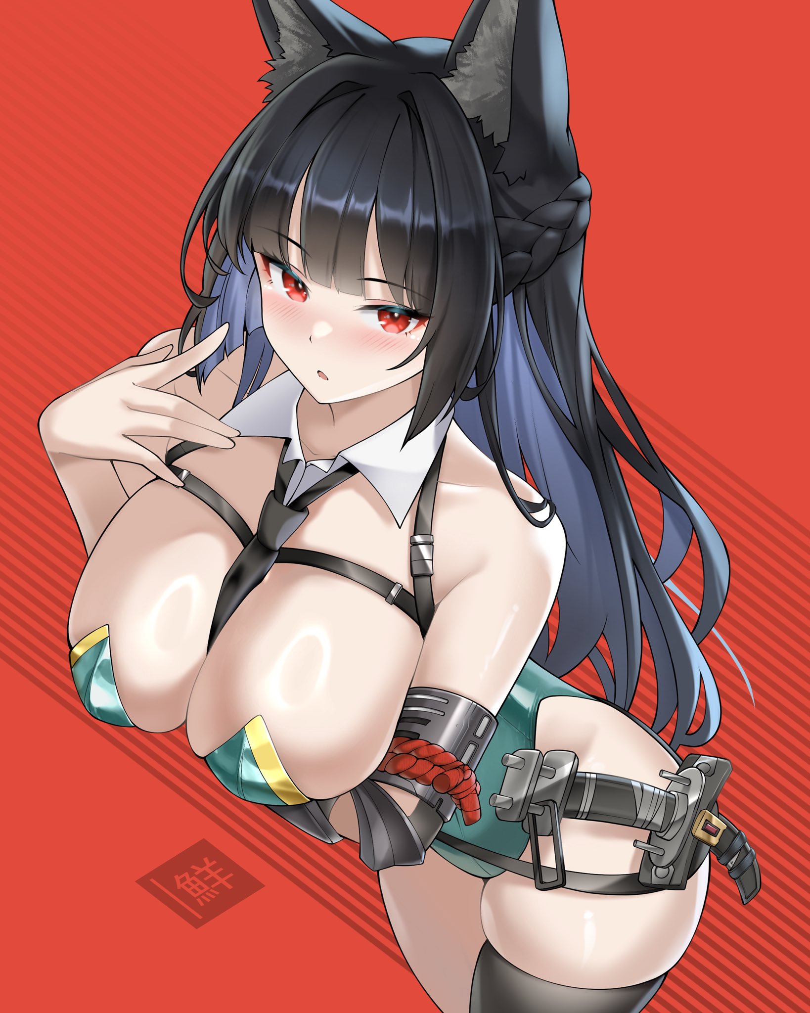 1girls, animal ear fluff, animal ears, arm under breasts, between breasts, black hair, black necktie, breasts, female, female only, freshtango, green leotard, hand up, highres, holster, hoshimi miyabi, large breasts, leotard, long hair, necktie, necktie between breasts, red background, red eyes, single thighhigh, solo, sword, thighhighs, very long hair, weapon, zenless zone zero
