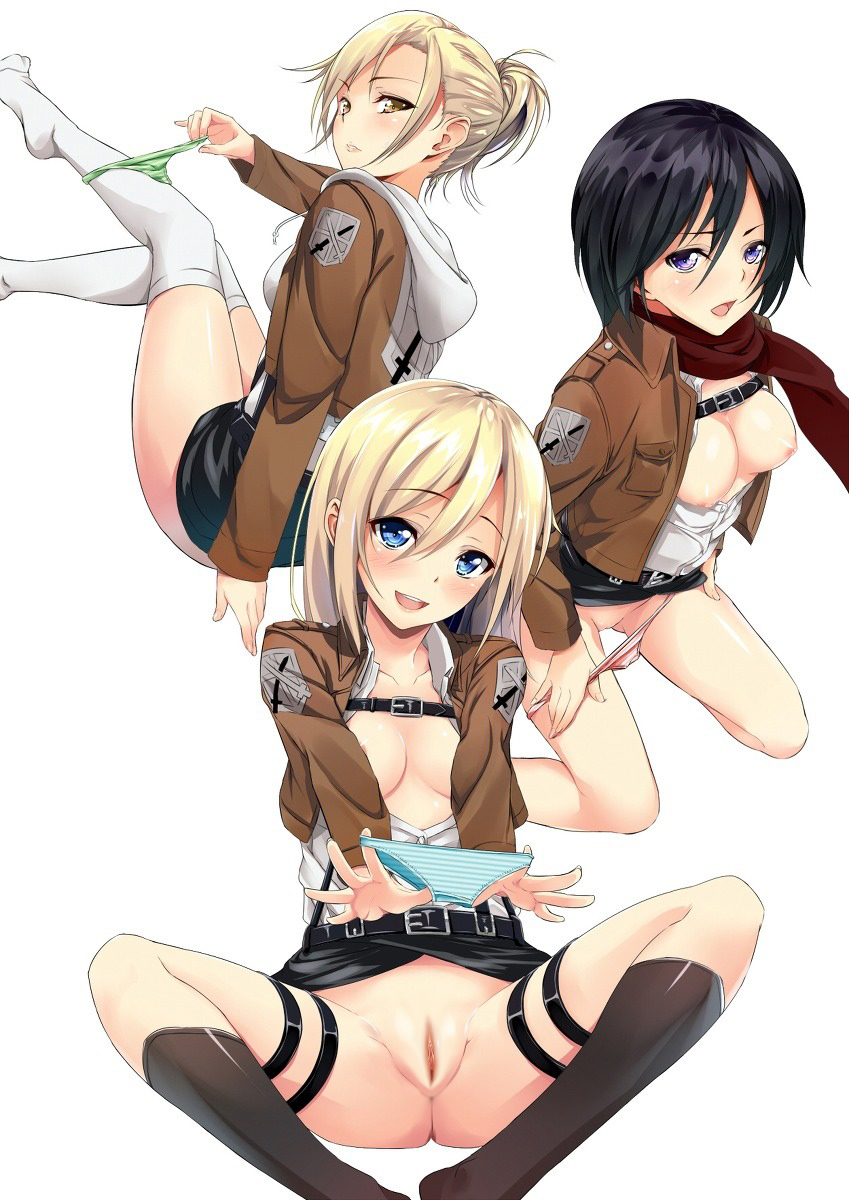 3girls :d annie_leonhardt areolae attack_on_titan bangs belt black_hair black_legwear black_skirt blonde_hair blue_eyes blue_panties blush breasts breasts_out brown_eyes buttons christa_lenz collarbone crotch female fingernails green_panties hair_between_eyes hands head_tilt highres historia_reiss holding holding_panties hoodie jacket kneehighs kneeling legs lingerie lips long_image long_sleeves looking_at_viewer mikasa_ackerman momonokizmen mound_of_venus multiple_girls nipples no_bra open_clothes open_mouth open_shirt panties panties_around_leg panties_removed panty_pull parted_lips photoshop pink_panties ponytail presenting_panties presenting_removed_panties purple_eyes pussy scarf shingeki_no_kyojin shiny shiny_hair shiny_skin shirt short_hair simple_background sitting skirt smile spread_legs striped striped_panties tall_image thigh_strap thighhighs thighs tied_hair unbuttoned uncensored underwear undressing uniform white_background white_legwear