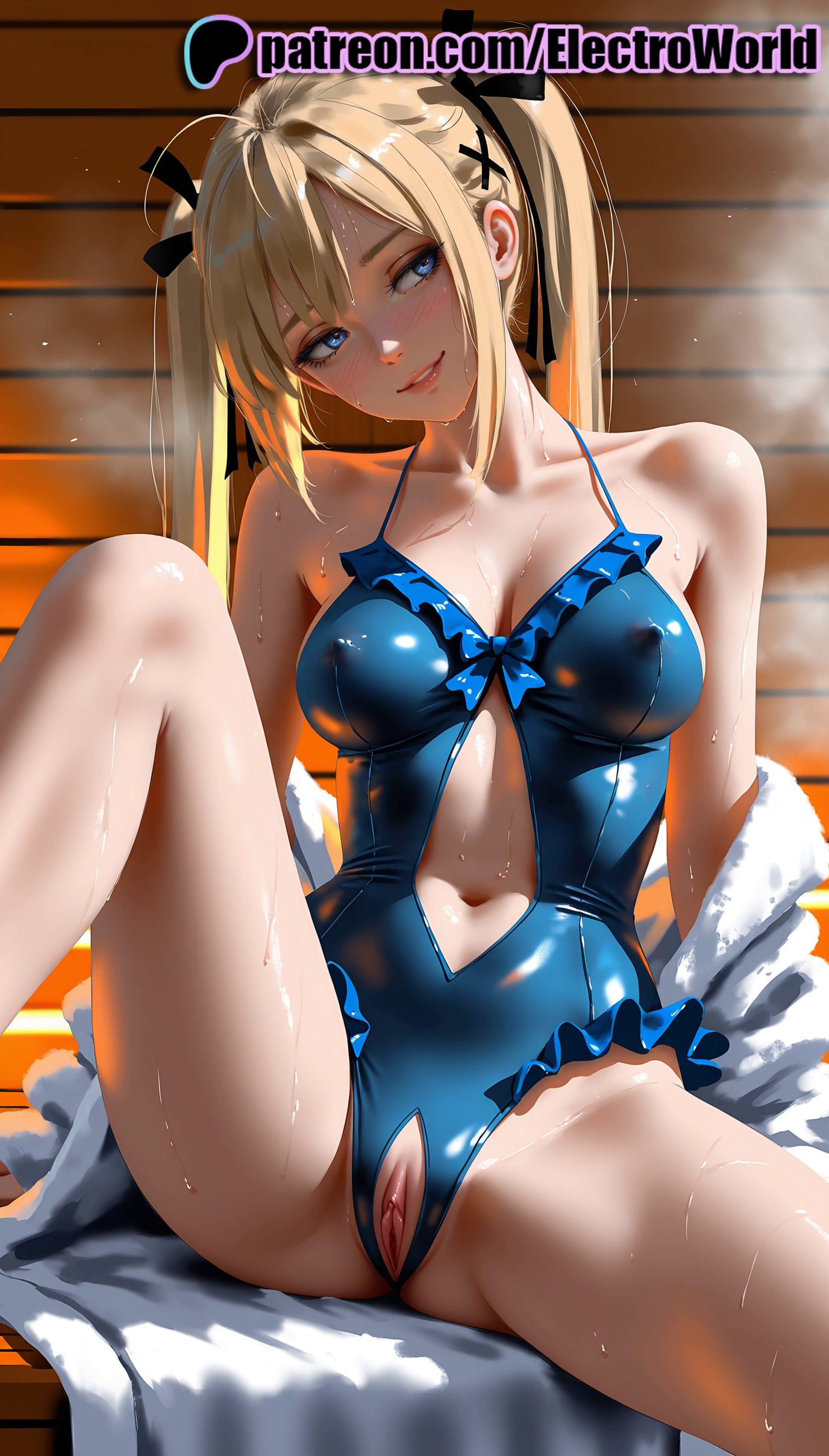 1girls, 2025, ai generated, artist name, blonde hair, blue eyes, breasts, bust, chest, clitoral hood, clitoris, clothing cutout, dead or alive, electroworld, exposed pussy, female, frills, hi res, high quality, high resolution, highres, juicy pussy, legs apart, legs spread, long hair, looking at viewer, marie rose, one-piece swimsuit, open legs, patreon, patreon username, pussy, smile, solo, splayed legs, spread legs, stable diffusion, sweat, swimsuit, tight pussy, uncensored, vagina, watermark