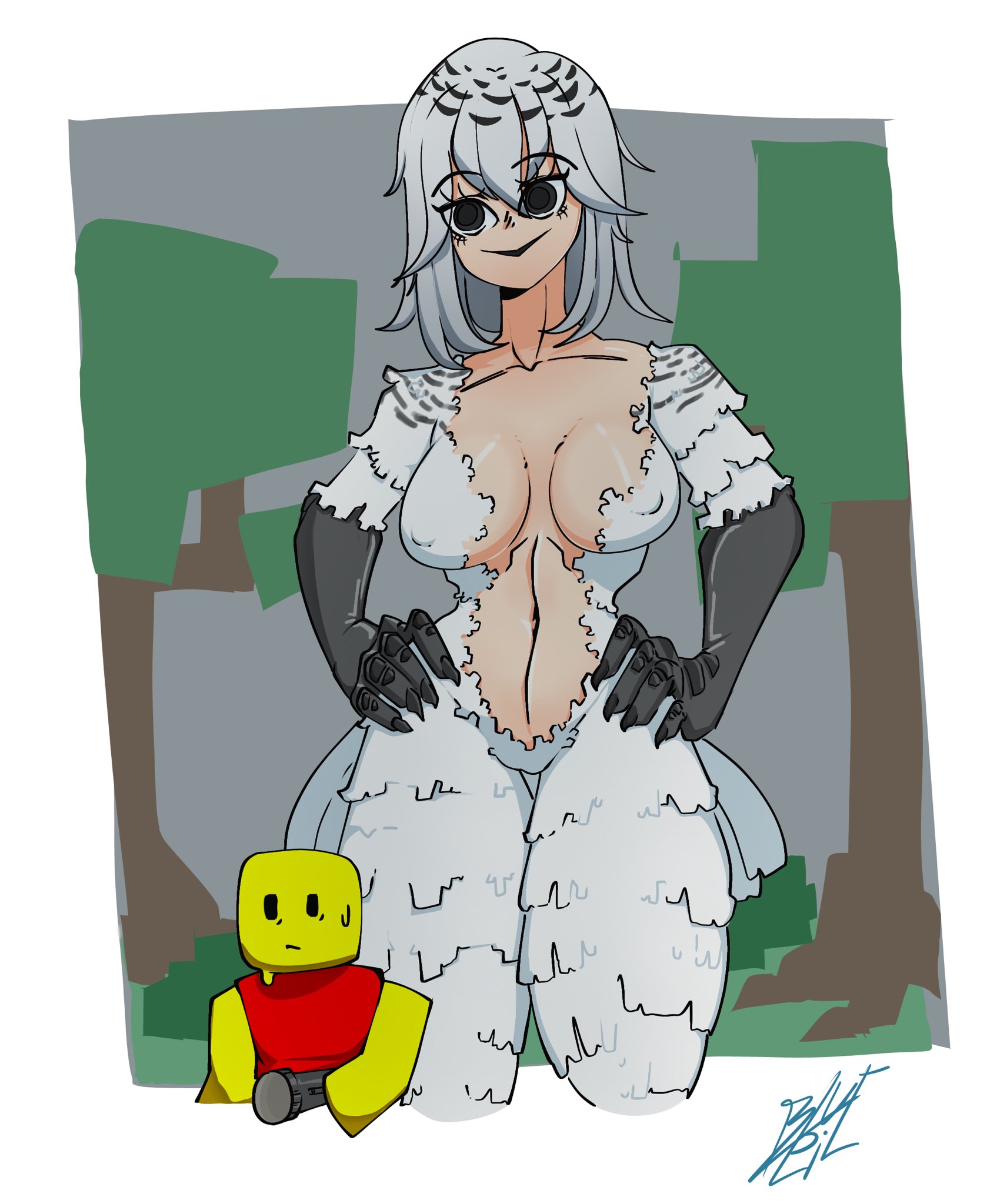 1girls, 99 nights in the forest, bluepie xxd (artist), breasts, cleavage, female, fur, humanized, navel, nipple bulge, owl, owl (99 nights in the forest), owl girl, roblox, roblox game, robloxian, size difference, stomach, tagme, thighs, white fur