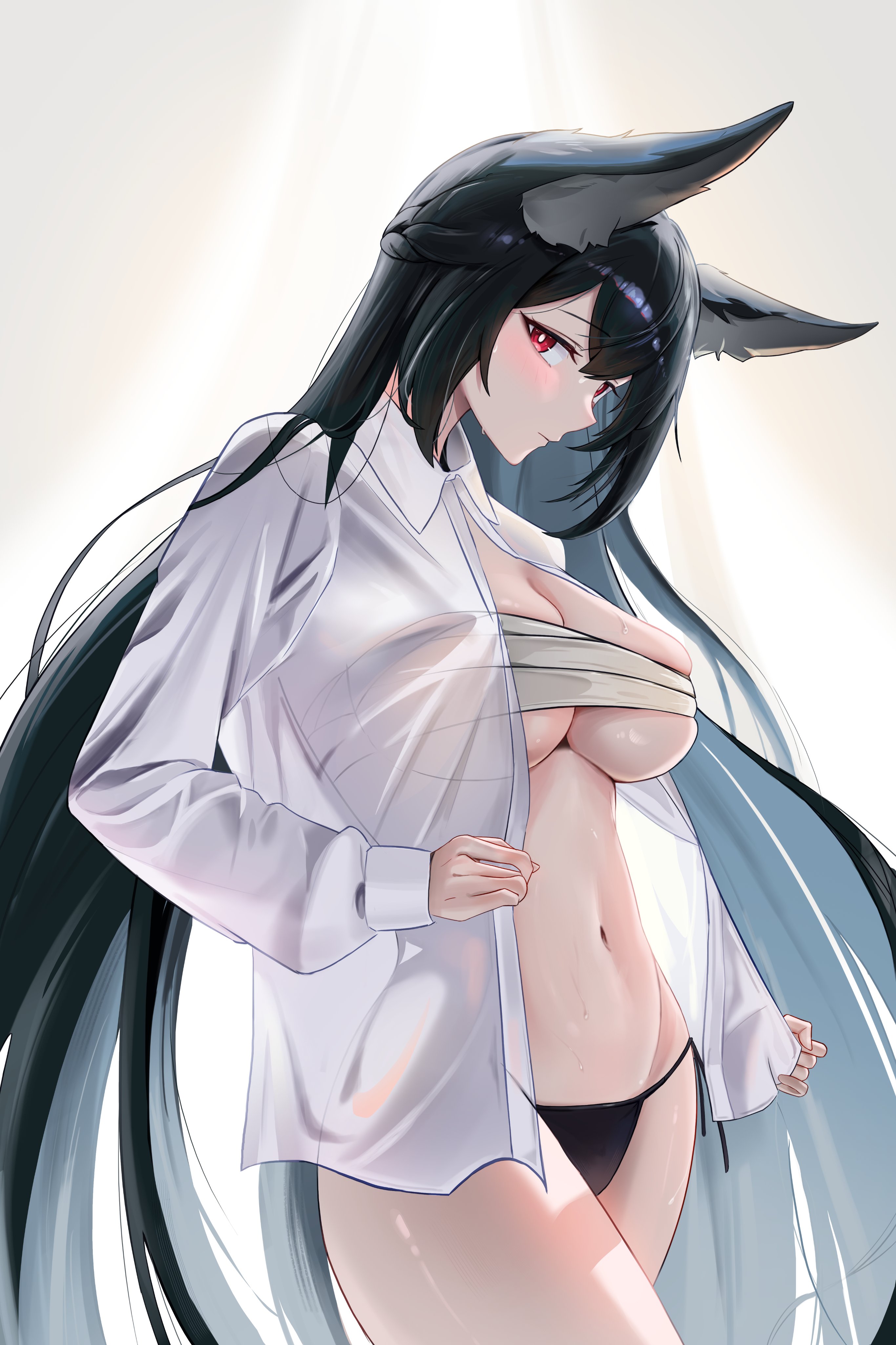 1girls, absurdres, animal ear fluff, animal ears, black hair, black panties, blush, breasts, chest sarashi, chowol, closed mouth, collared shirt, female, female only, fox ears, hair between eyes, highres, hoshimi miyabi, large breasts, long hair, looking at viewer, navel, open clothes, open shirt, panties, red eyes, sarashi, shirt, solo, sweat, underwear, white shirt, zenless zone zero