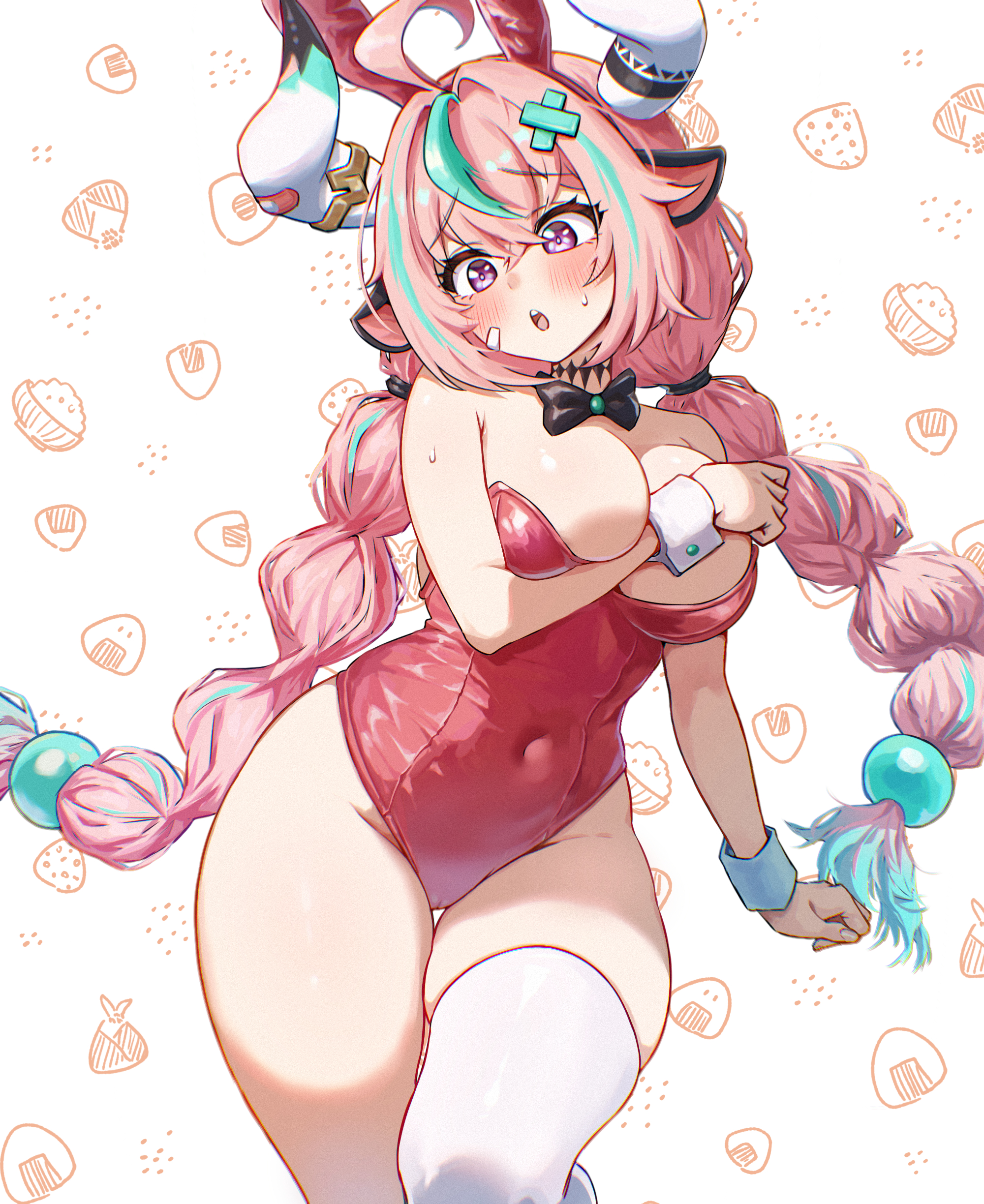1girls, absurdres, ahoge, alternate costume, animal ear hairband, animal ears, aqua hair, arm between breasts, between breasts, black bow, black bowtie, blush, bow, bowtie, breasts, cleavage, commentary request, covered navel, cow ears, cow horns, fake animal ears, female, female only, fingernails, genshin impact, hair between eyes, hairband, highres, horns, large breasts, leotard, long hair, multicolored hair, open mouth, pink hair, purple eyes, rabbit ears, red leotard, single thighhigh, small sweatdrop, solo focus, strapless, strapless leotard, streaked hair, teeth, thighhighs, umamipesto, upper teeth, varesa (genshin impact), very long hair, white background, white thighhighs, white wrist cuffs, wrist cuffs