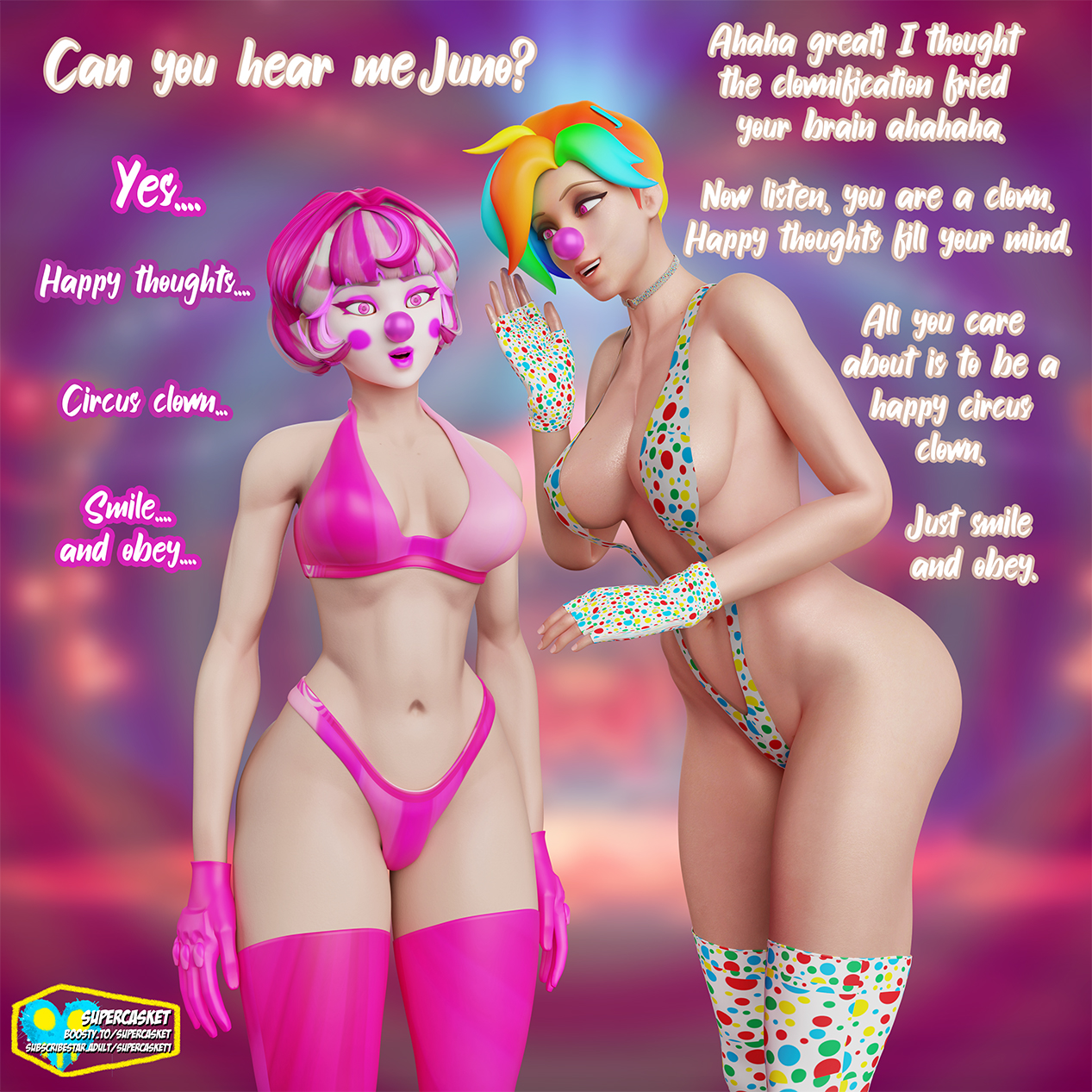 2girls, 3d, activision, ass, big ass, big breasts, big thighs, blizzard entertainment, breasts, bust, busty, clown, clown girl, clown makeup, curvaceous, curvy, curvy figure, female, hips, huge ass, huge breasts, huge thighs, hypnosis, iq loss, juno (overwatch), large ass, large breasts, large thighs, mature, mature female, mercy, overwatch, overwatch 2, slim waist, supercasket, teo minh, thick, thick hips, thick legs, thick thighs, thighs, voluptuous, waist, wide hips