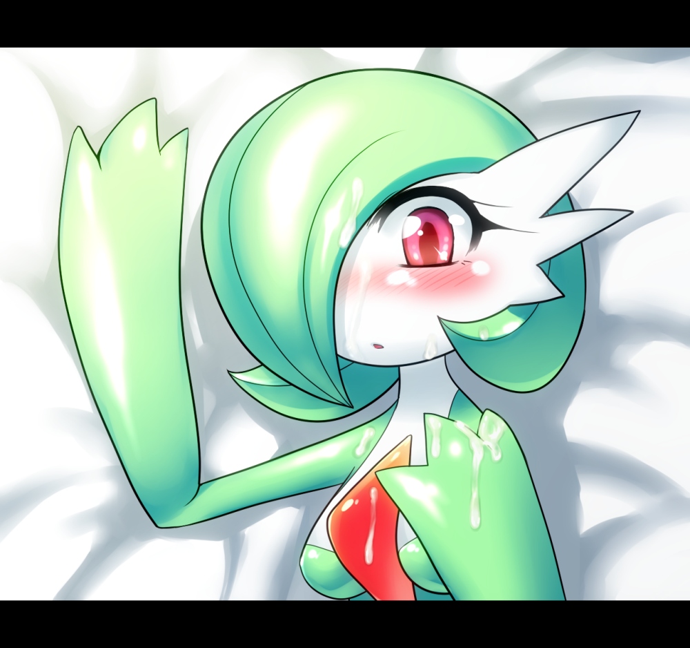 anthro bed blush cum cum_on_body cum_on_face cum_on_hair cum_on_upper_body facial female female_only furry gardevoir hair_over_one_eye letterboxed lying nme on_bed pok&eacute;mon_(species) pokemon pokemon_(species) pokemon_rse red_eyes shiny shiny_skin solo straight_hair