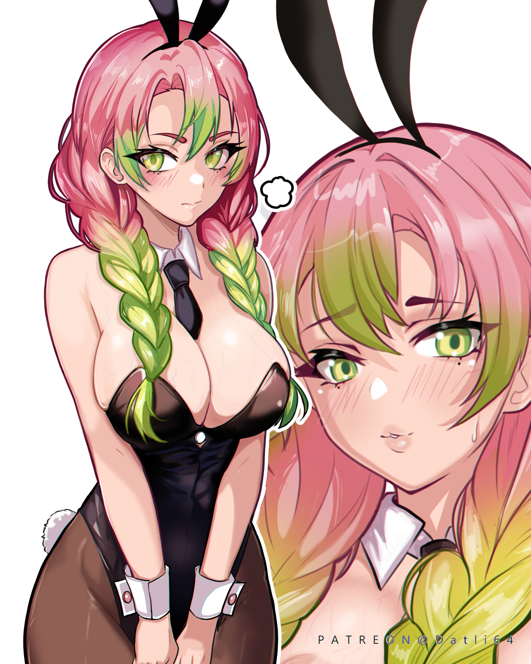 1girls, animal ears, black leotard, black necktie, blush, breasts, cleavage, datli64, demon slayer, detached collar, fake animal ears, female, female only, green eyes, green hair, highleg, highleg leotard, highres, kanroji mitsuri, kimetsu no yaiba, large breasts, leotard, long hair, looking at viewer, mole, mole under each eye, mole under eye, multiple moles, multiple views, necktie, own hands together, pantyhose, patreon username, pink hair, pink-haired female, rabbit ears, rabbit tail, short necktie, strapless, strapless leotard, tail, v arms, wrist cuffs