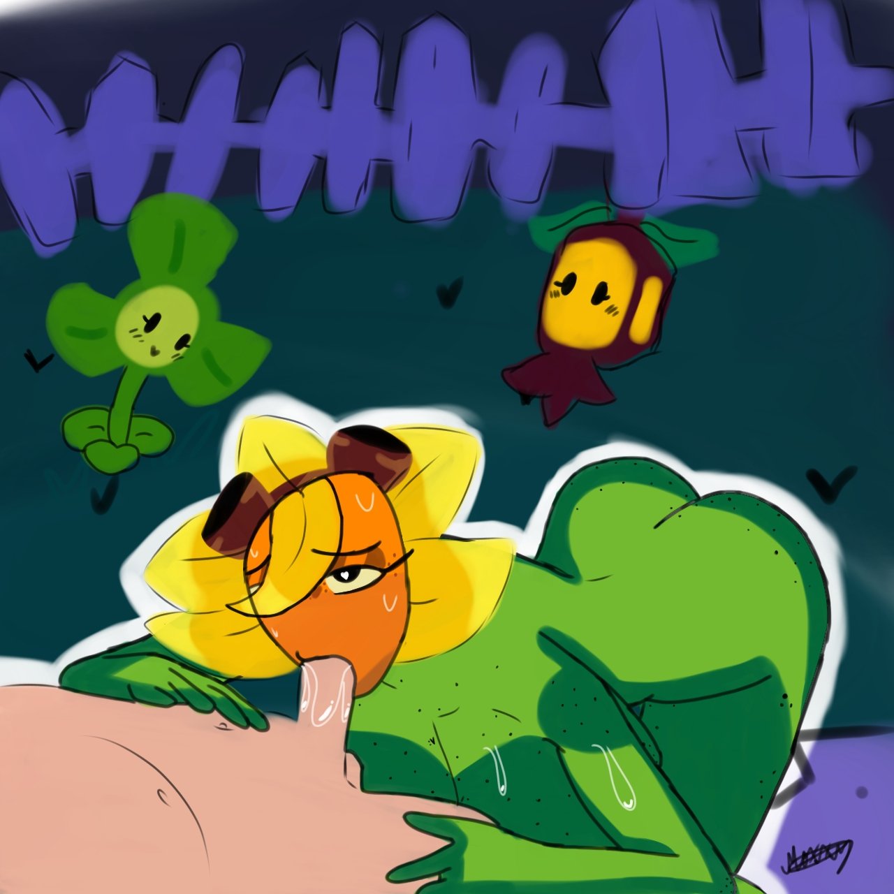 angry face, ass, big breasts, blow job, blowjob, breasts, exited, female, heroes, moxxy art, plant girl, plant humanoid, plantern (pvz), plants vs zombies, plants vs zombies:, self upload, solar flare (pvz), sunflower (pvz), thick thighs
