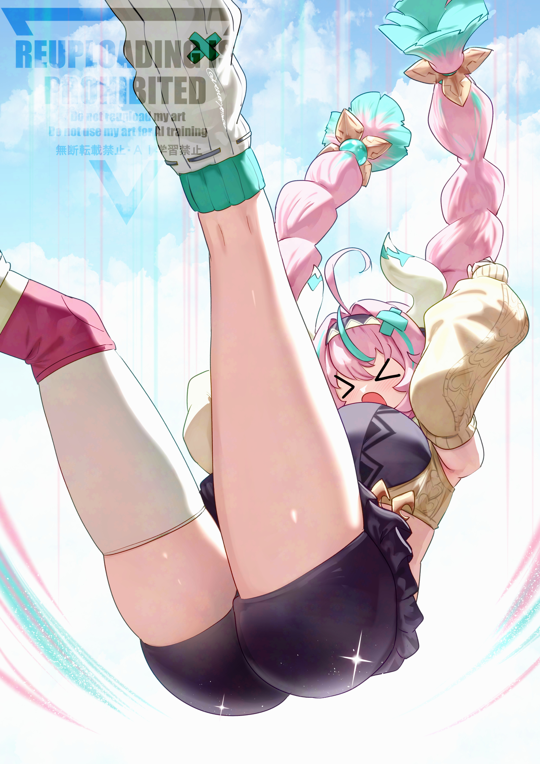 > <, 1girls, absurdres, ahoge, aqua hair, ass, bare shoulders, black shorts, braid, breasts, cow horns, detached sleeves, falling, female, female only, genshin impact, highres, hip attack, horns, large breasts, long hair, miniskirt, multicolored hair, open mouth, pink hair, short shorts, shorts, single thighhigh, skirt, solo, thick thighs, thighhighs, thighs, twin braids, uenoryoma, varesa (genshin impact), very long hair, watermark