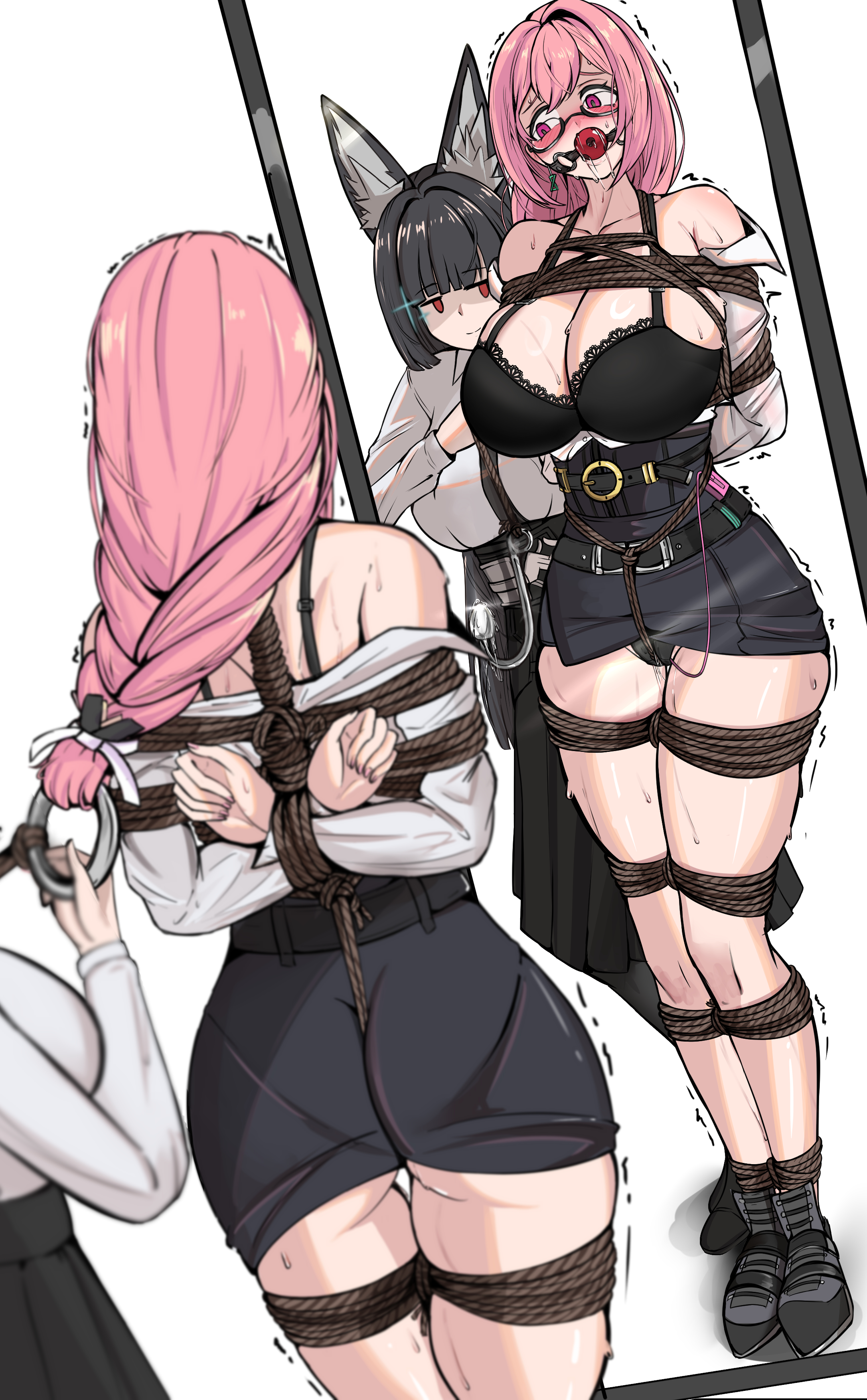 2girls, absurdres, animal ear fluff, black bra, black skirt, blunt bangs, bondage, bound, bra, closed mouth, dress shirt, female, female only, fox girl, furrowed brow, gag, glasses, hair between eyes, high-waist skirt, highres, hoshimi miyabi, long hair, looking at another, mirror, multiple females, multiple girls, paid reward available, pencil skirt, pink eyes, pink hair, red eyes, saliva, shirt, sidelocks, simple background, skirt, sparkle, standing, trembling, tsukishiro yanagi, underwear, white shirt, yuy, zenless zone zero