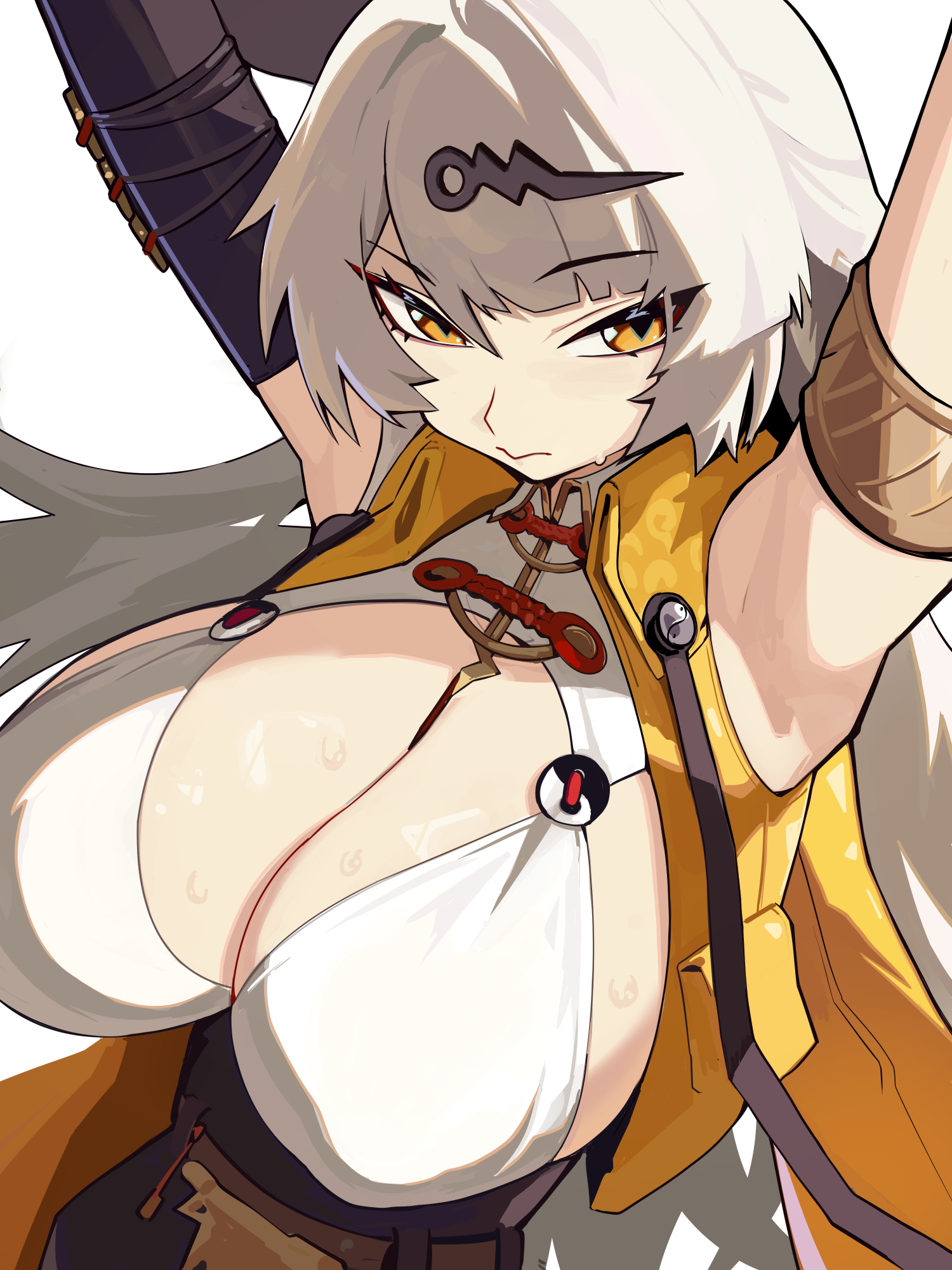 1girls, alt text, armpits, arms up, black shorts, breasts, cleavage, commentary, distr, english commentary, female, female only, high-waist shorts, highres, huge breasts, long hair, ninra, paid reward available, shirt, shorts, simple background, solo, very long hair, white background, white hair, white shirt, yellow eyes, yixuan (zenless zone zero), yunkui summit, zenless zone zero