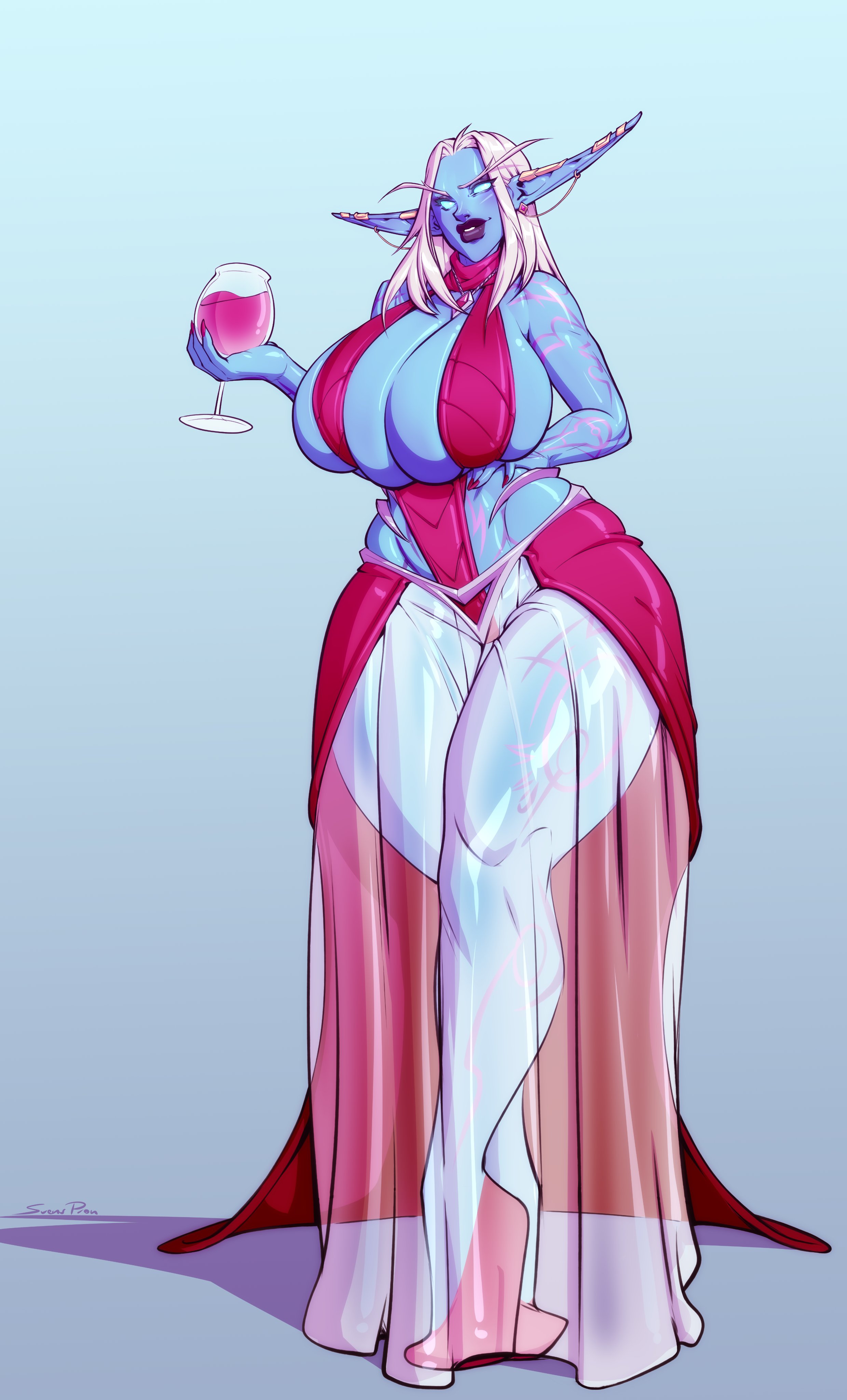 1girls, breasts, cleavage, elf, female, female only, huge breasts, looking at viewer, nightborne, solo, svenners, thick thighs, wide hips, world of warcraft