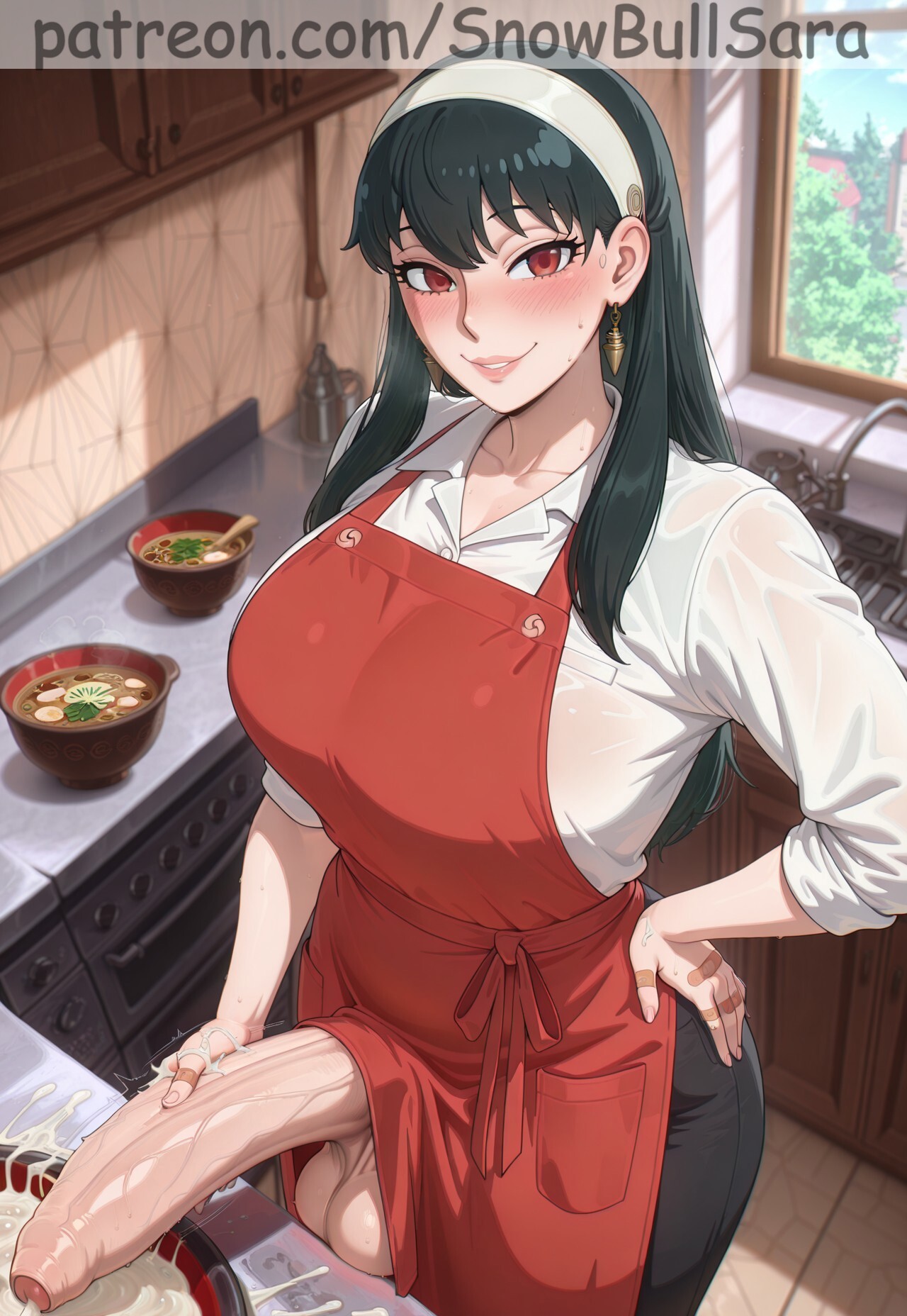 ai generated, ass, balls, big ass, big breasts, big penis, blush, breasts, cooking, cum, cum bowl, ejaculation, erection, foreskin, futa only, futanari, handjob, horny, huge cock, intersex, kitchen, kitchen sex, looking at viewer, nervous, penis, shiny skin, snowbullsara, spy x family, testicles, thick thighs, uncensored, uncircumcised, yor briar, yor forger