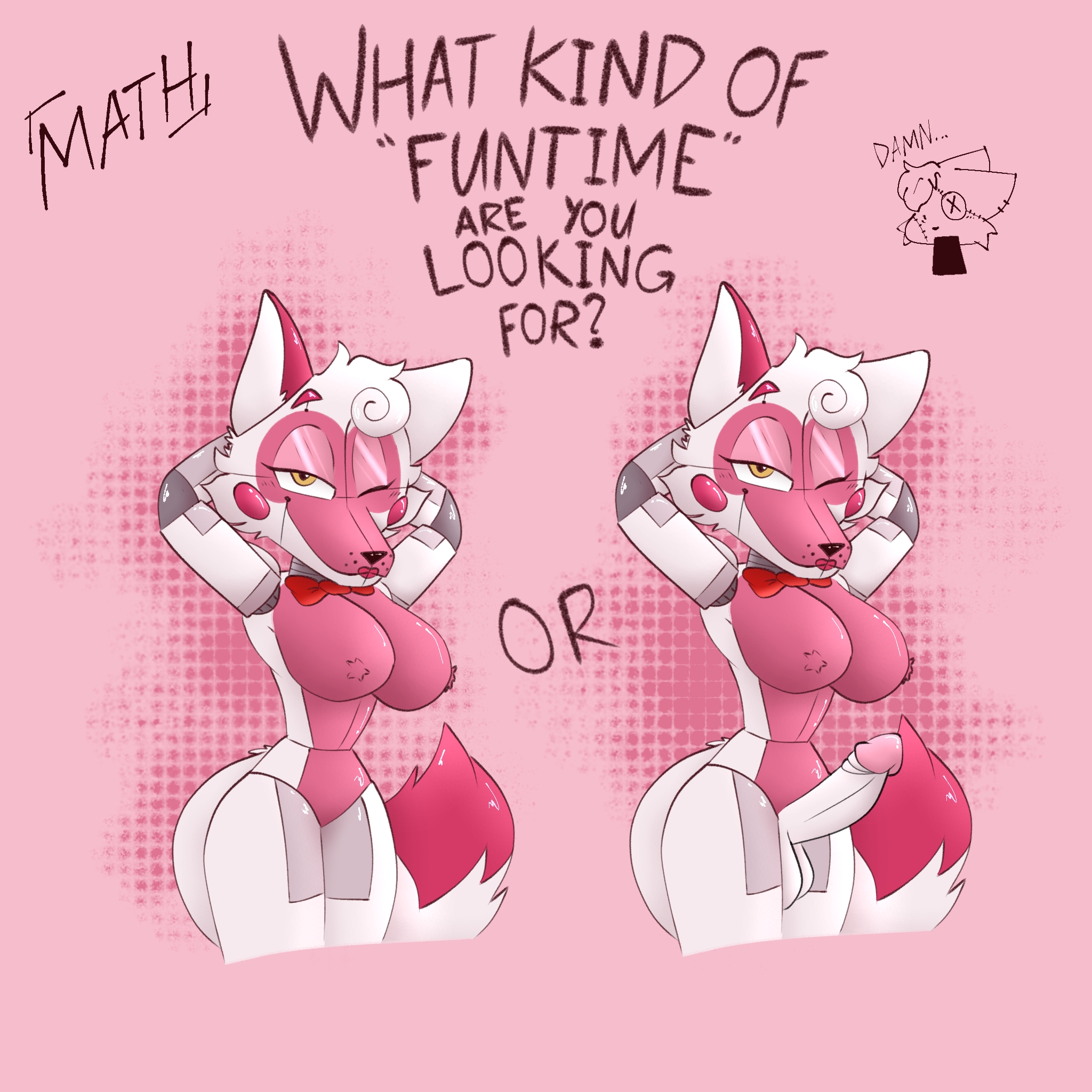 2d (artwork), 2girls, anthro, arms behind head, artist name, big breasts, breasts, curvy body, eyeshadow, female, five nights at freddy's, five nights at freddy's: sister location, fnaf, fox, fox ears, fox girl, fox tail, funtime foxy (fnaf), funtime foxy (fnafsl), furry, futanari, ibispaintx, intersex, looking at viewer, mathdrawnk21, one eye closed, robot, rule 63, scott cawthon, seductive, seductive look, self upload, text, thick thighs, two-tone body, two-tone fur