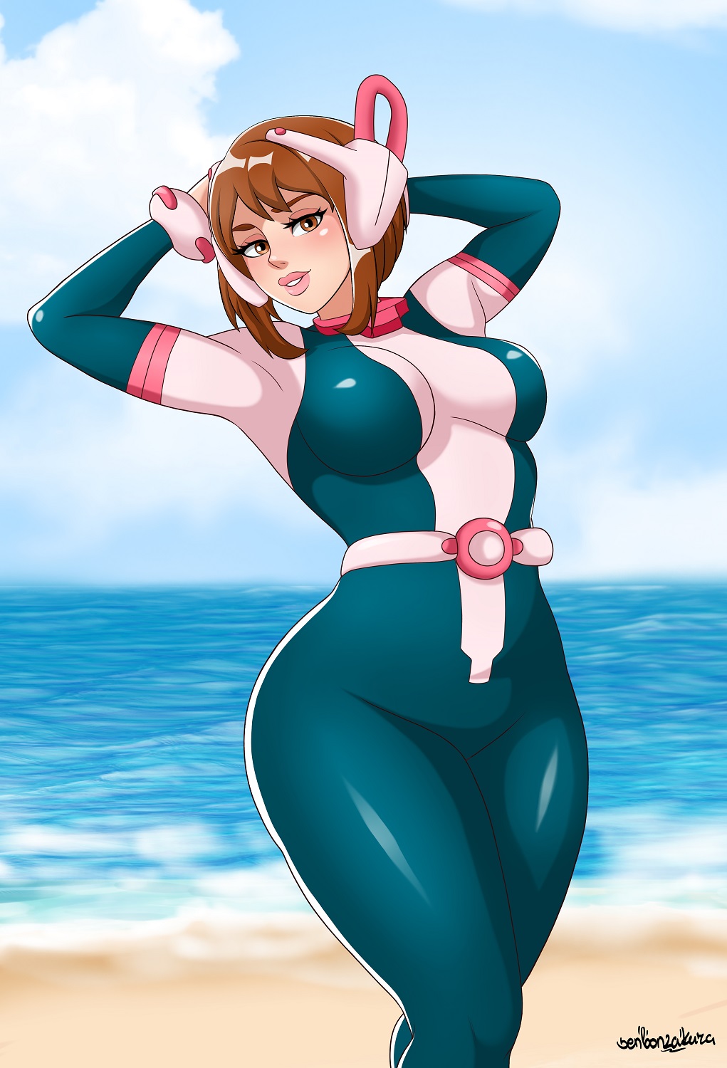 1girls, 2d, alluring, artist signature, blush, breasts, brown eyes, brown hair, brown-haired female, chilling, clothed, cosplay, costume, curvy, female, female focus, female only, front view, fully clothed, girl solo, hero outfit (mha), human, legs, light skin, light-skinned female, lips, lipstick, looking at viewer, my hero academia, ochako uraraka, only girl, only woman, pale skin, pale-skinned female, posing, posing for the viewer, posing for viewer, sea, senbonzakuraart, sfw, short hair, solo, solo female, solo focus, solo girl, solo woman, standing, superheroine, thick hips, thick legs, thick thighs, thighs, voluptuous, voluptuous female, wide hips, woman only, woman solo