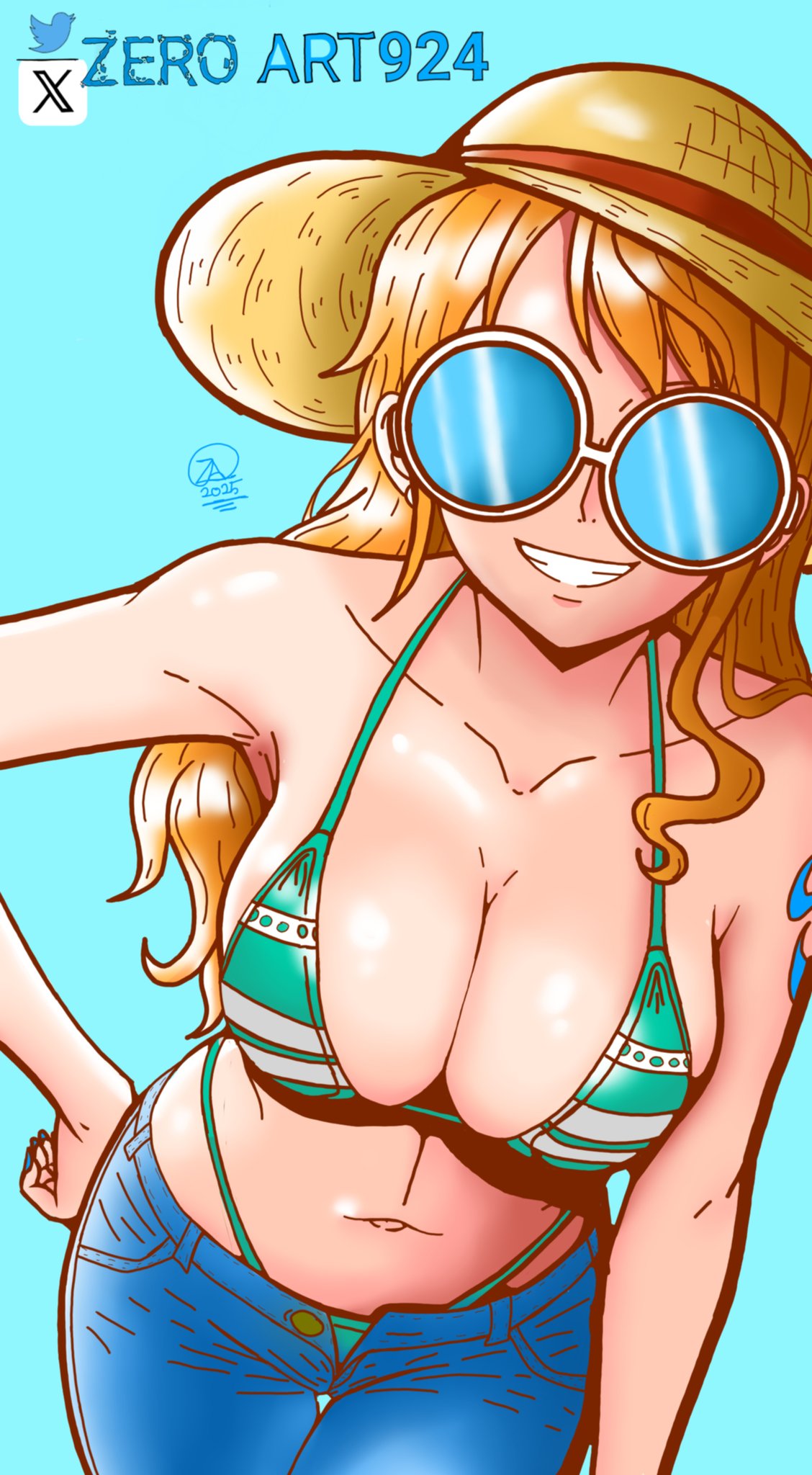 1girls, adult, adult female, aqua background, arm tattoo, armpits, bare armpits, bare belly, bare chest, bare hands, bare midriff, bare navel, bare shoulders, belly, belly button, bikini, bikini bottom, bikini top, blue background, breasts, busty, busty female, cleavage, clothing, collarbone, curvaceous, curvaceous body, curvaceous female, curvaceous figure, curvaceous hips, curvy, curvy body, curvy female, curvy figure, curvy hips, elbows, exposed armpits, exposed arms, exposed belly, exposed chest, exposed midriff, exposed navel, exposed shoulders, exposed skin, female, female focus, female only, high resolution, highres, hourglass figure, jeans, large breasts, lean figure, long hair, mature, mature female, midriff, nami (one piece), narrow waist, navel, one piece, orange eyebrows, orange eyes, orange hair, orange-eyed female, orange-haired female, parted lips, shoulders, simple background, slender body, slender waist, slim waist, smile, smiley face, smiling at viewer, solo, straw hat, string bikini, sunglasses, sunglasses on head, swimsuit, swimwear, tattoo, tattoo on arm, tattooed arm, upper body, wavy hair, wide hips, zeroart924