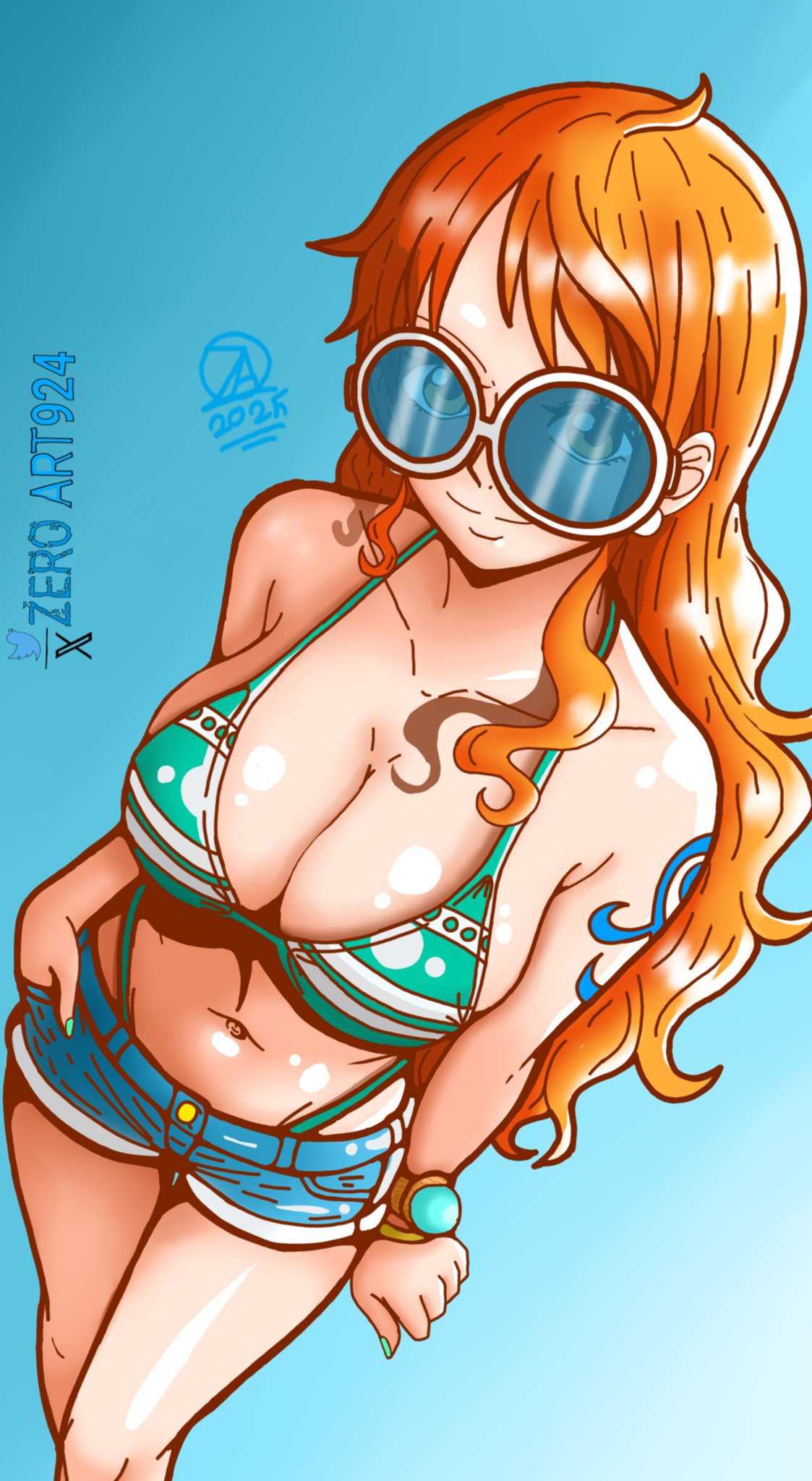 1girls, adult, adult female, arm tattoo, bare belly, bare chest, bare hands, bare knees, bare legs, bare midriff, bare navel, bare shoulders, bare thighs, belly, belly button, big breasts, bikini, bikini bottom, bikini top, blue background, breasts, busty, busty female, cleavage, closed mouth smile, clothing, collarbone, exposed arms, exposed belly, exposed chest, exposed legs, exposed midriff, exposed navel, exposed shoulders, exposed skin, exposed thighs, female, female focus, female only, fingernails, fingers, high resolution, highres, jean shorts, large breasts, lean figure, long hair, looking at viewer, mature, mature female, midriff, nami (one piece), narrow waist, navel, one piece, orange eyebrows, orange eyes, orange hair, orange-eyed female, orange-haired female, plump breasts, shoulders, simple background, slender body, slender waist, slim waist, smile, smiley face, smiling at viewer, smirk, solo, staff, standing, string bikini, sunglasses, sunglasses on head, swimsuit, swimwear, tattoo, tattoo on arm, tattooed arm, thighs, upper body, zeroart924