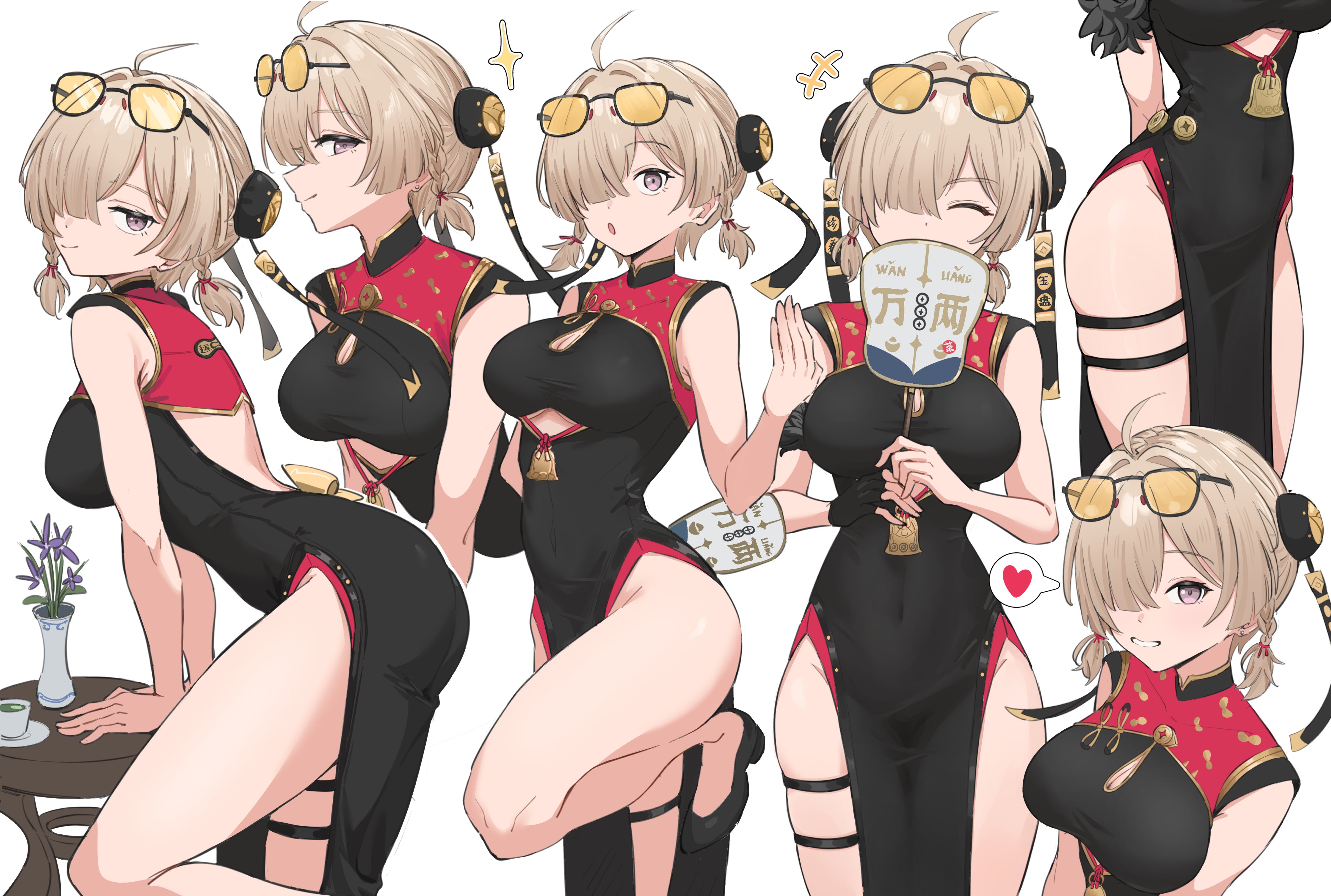 1girls, absurdres, ahoge, bare arms, bare shoulders, black dress, black shoes, blonde hair, breasts, china dress, chinese clothes, closed eyes, closed mouth, clothing cutout, commentary, covered navel, covering own mouth, dress, eyewear on head, female, female only, from side, grin, hair over one eye, hand fan, highres, holding, holding fan, large breasts, leg up, medium hair, multiple views, no panties, pelvic curtain, profile, purple eyes, red dress, shoes, simple background, skindentation, sleeveless, sleeveless dress, smile, standing, standing on one leg, sunglasses, sweety (zenless zone zero), symbol-only commentary, thigh strap, thighs, tinkie, tinted eyewear, twintails, two-tone dress, underboob cutout, white background, yellow-tinted eyewear, zenless zone zero