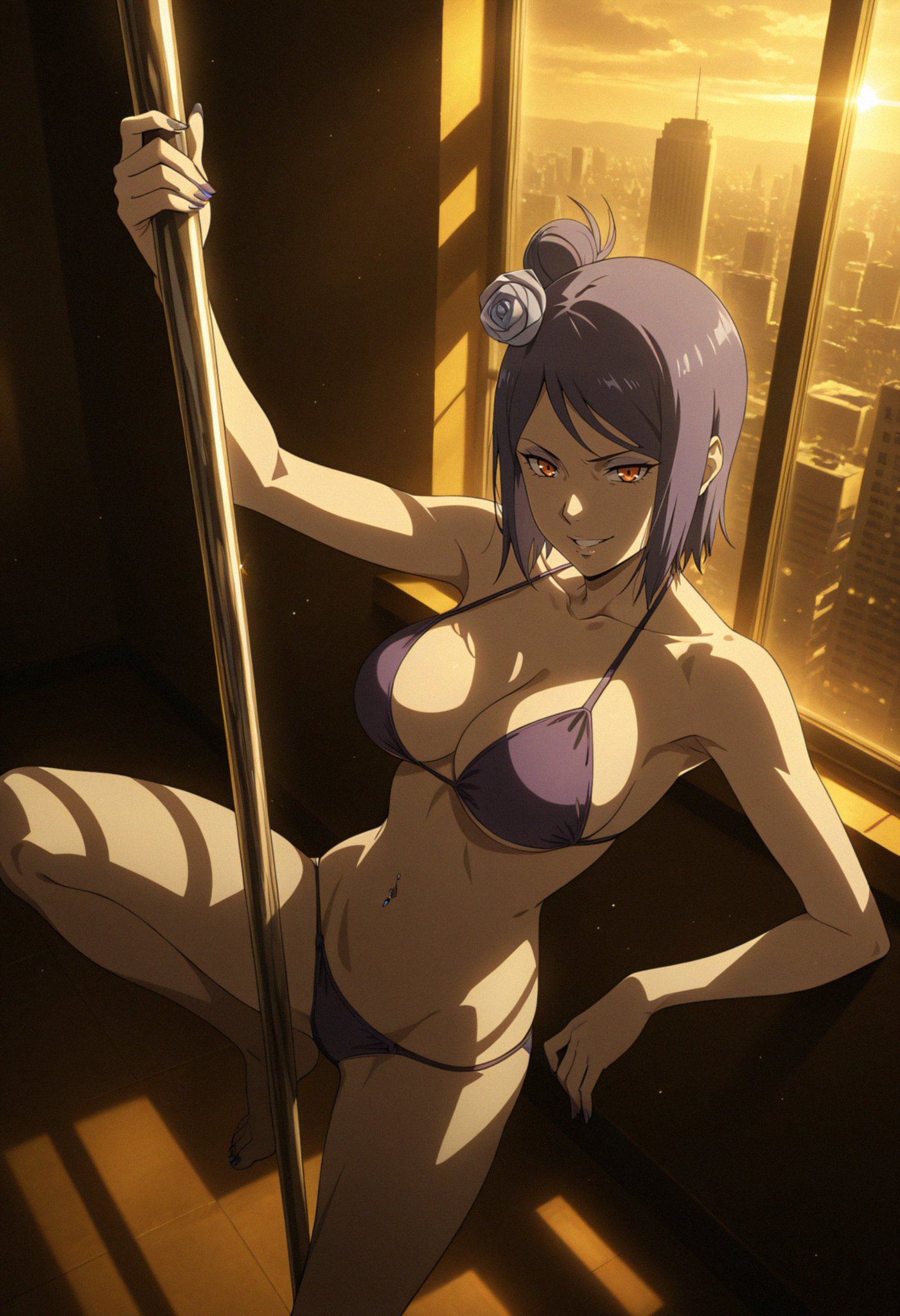 1girls, adapted costume, ai generated, akatsuki (naruto), big breasts, bikini, bikini bottom, bikini top, blue hair, blush, breasts, chin piercing, city background, eyeliner, eyeshadow, facial piercing, female, female only, flower, flower in hair, grin, hair ornament, huge breasts, konan, light skin, light-skinned female, looking at viewer, makeup, mascara, mature, mature female, midriff, moewaifu974, naruto, naruto (series), naruto shippuden, navel, navel piercing, orange eyes, paipan, pale skin, pale-skinned female, pole, pole dancing, raised leg, seducing, seducing viewer, seduction, seductive, shoulder length hair, solo, solo focus, stripper, stripper pole, underwear, wide hips, window