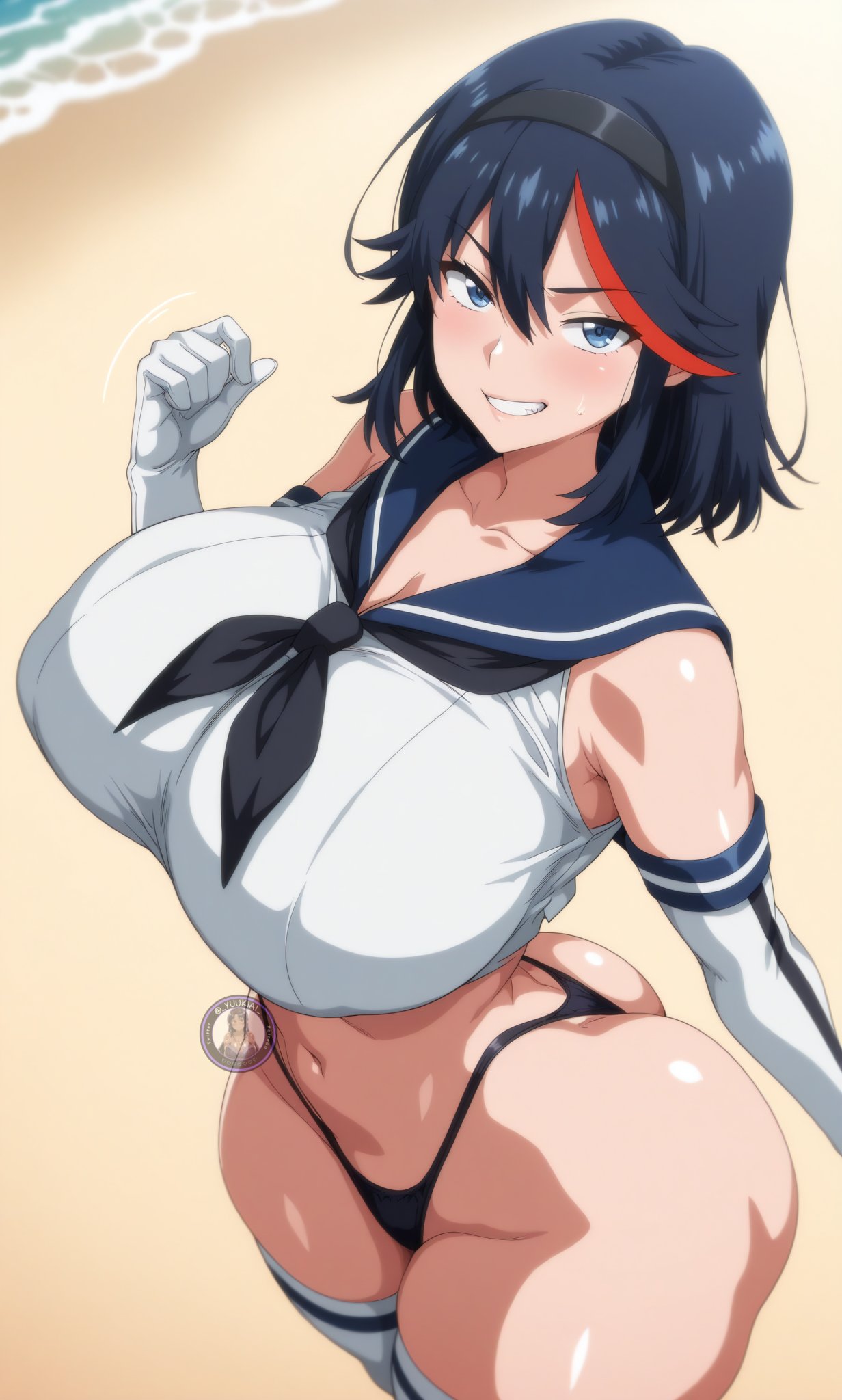 1girls, ai generated, alternate breast size, ass, beach, big breasts, bikini, breasts, cleavage, female, female focus, kill la kill, large breasts, light skin, light-skinned female, looking at viewer, matoi ryuuko, multicolored hair, outdoors, shiny skin, short hair, solo, thick thighs, thighs, wide hips, yuukiai
