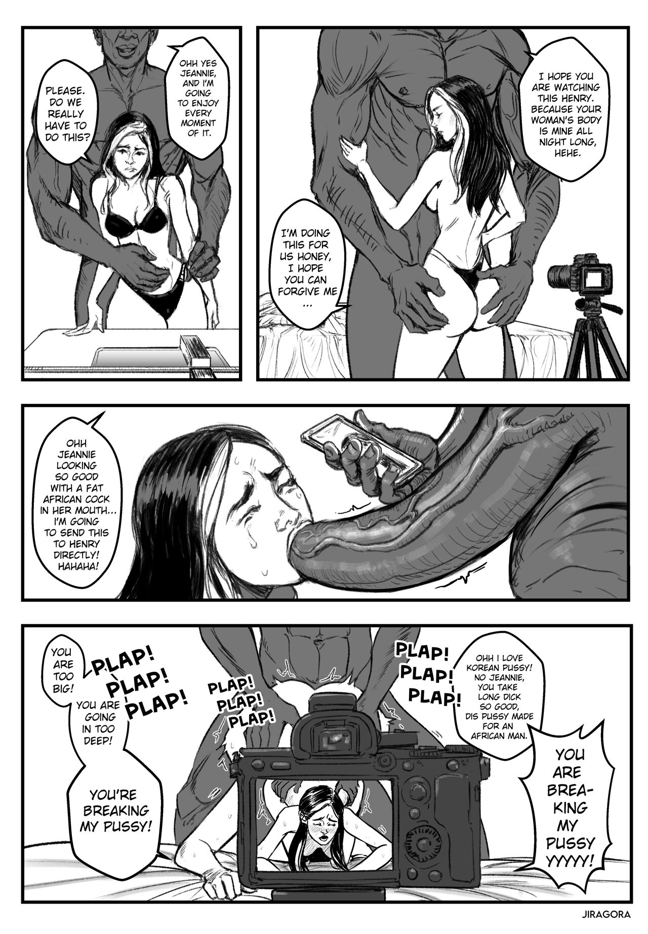 1boy, 1girls, asian female, balls, big penis, black bra, blowjob, breasts, camera, celebrity, coercion, comic, comic page, crying, dark skin, dark-skinned male, doggy style, female, from behind, greyscale, groping, groping ass, huge balls, huge cock, interracial, interracial sex, jeannie lee, jiragora, light skin, light-skinned female, male, medium breasts, moaning, monochrome, muscular, ntr, penis, plap, potastic panda, potasticpanda, raceplay, real person, recording, recording on phone, recording video, sex, size difference, streamer, sucking penis, text, thick ass, thick thighs, too big, too big (phrase), uncensored