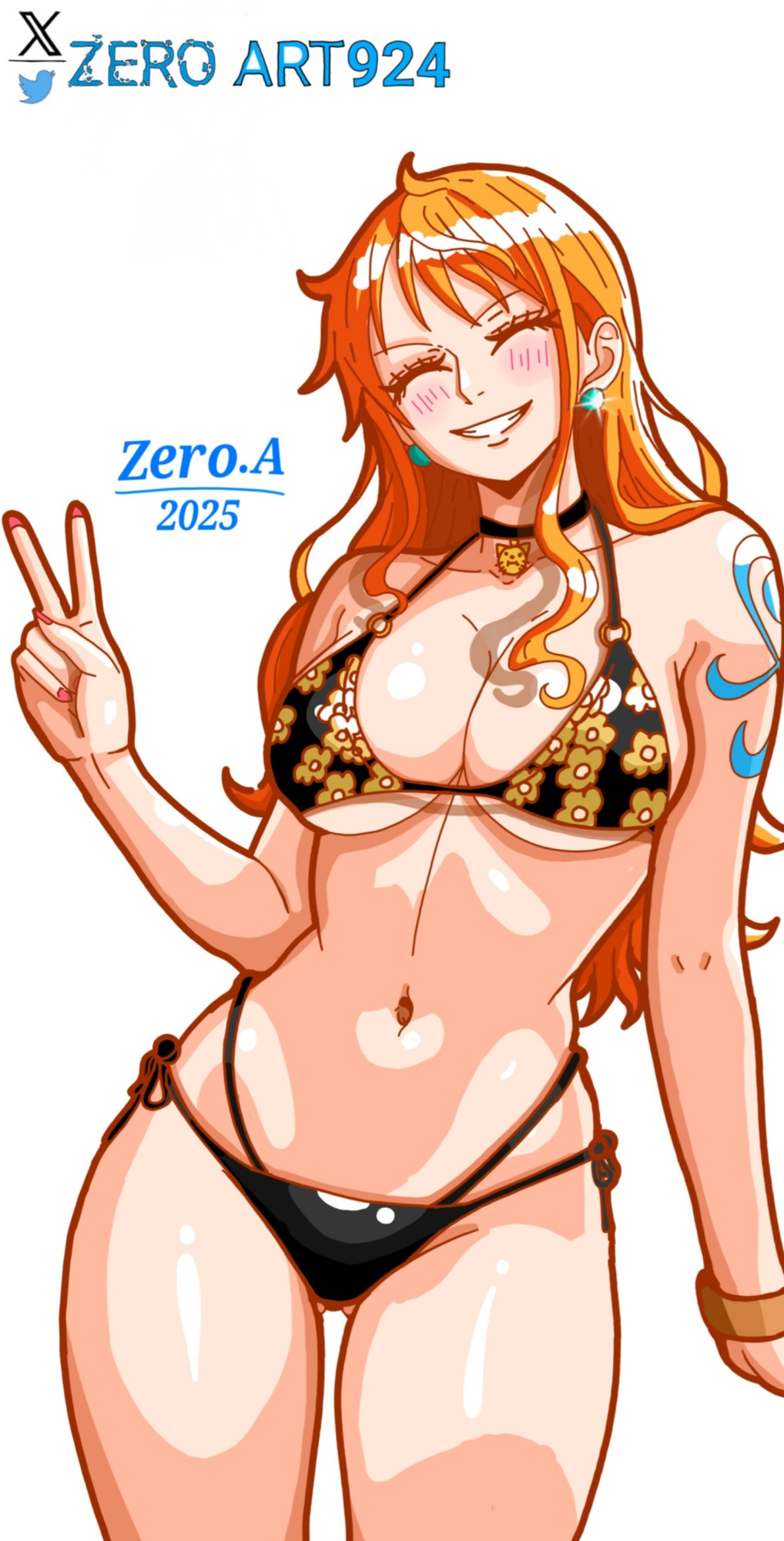 1girls, adult, adult female, arm tattoo, bare arms, bare belly, bare hands, bare hips, bare legs, bare midriff, bare navel, bare shoulders, bare skin, bare thighs, belly, belly button, big breasts, bikini, bikini bottom, bikini only, bikini top, black bikini, black bikini bottom, black bikini only, black bikini top, black string bikini, black swimsuit, black swimwear, blush lines, breasts, busty, busty female, choker, cleavage, collarbone, cosplay, curvaceous, curvaceous body, curvaceous female, curvaceous figure, curvaceous hips, curvaceous thighs, curvy, curvy body, curvy female, curvy figure, curvy hips, curvy thighs, exposed arms, exposed belly, exposed chest, exposed hips, exposed legs, exposed midriff, exposed navel, exposed shoulders, exposed skin, exposed thighs, eye closed, female, female focus, female only, fingernails, fingers, groin, happy, head tilt, high resolution, highres, hourglass figure, kitagawa marin (cosplay), large breasts, lean figure, long hair, mature, mature female, midriff, nail polish, nails, nami, nami (one piece), narrow waist, navel, one piece, orange eyebrows, orange hair, orange-haired female, peace sign, plump breasts, red fingernails, red nail polish, red nails, shiny breasts, shiny hair, shiny legs, shiny shoulders, shiny skin, shiny thighs, shoulders, side-tie bikini, sign, simple background, slender body, slender waist, slim waist, smile, smiley face, smiling, smiling at viewer, solo, sono bisque doll wa koi wo suru, standing, string bikini, swimsuit, swimwear, tattoo, tattoo on arm, tattooed arm, thick thighs, thighs, tilted head, upper body, v, v sign, white background, wide hips, zeroart924