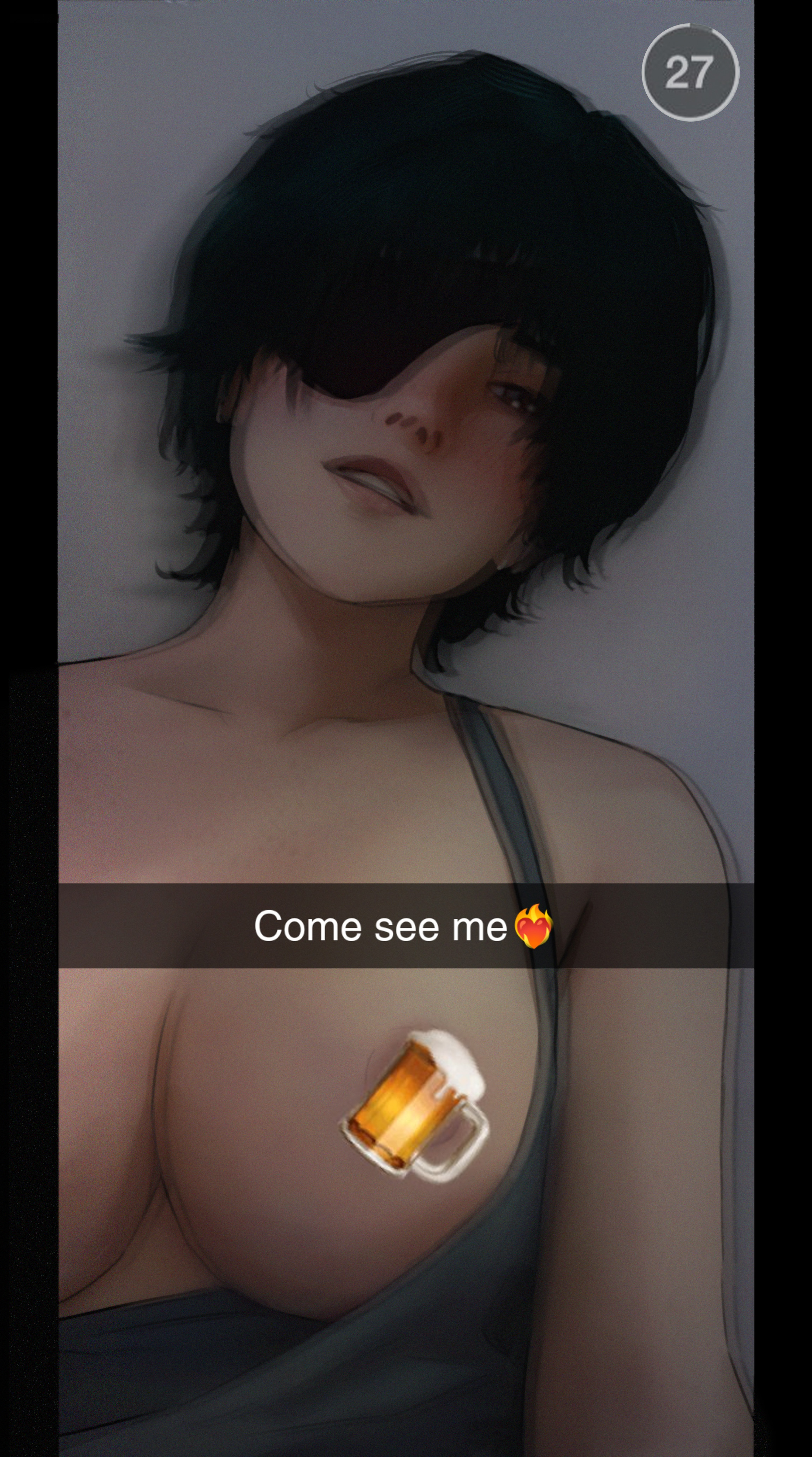 big breasts, blurry, breasts, caption, censored, chainsaw man, denji (chainsaw man), drunk, drunk female, eye patch, eyepatch, female, female focus, female only, flashing, flashing breasts, green hair, himeno (chainsaw man), meemo.psd, message, nude, nude female, nudes, patreon, seductive, snapchat, text, voluptuous