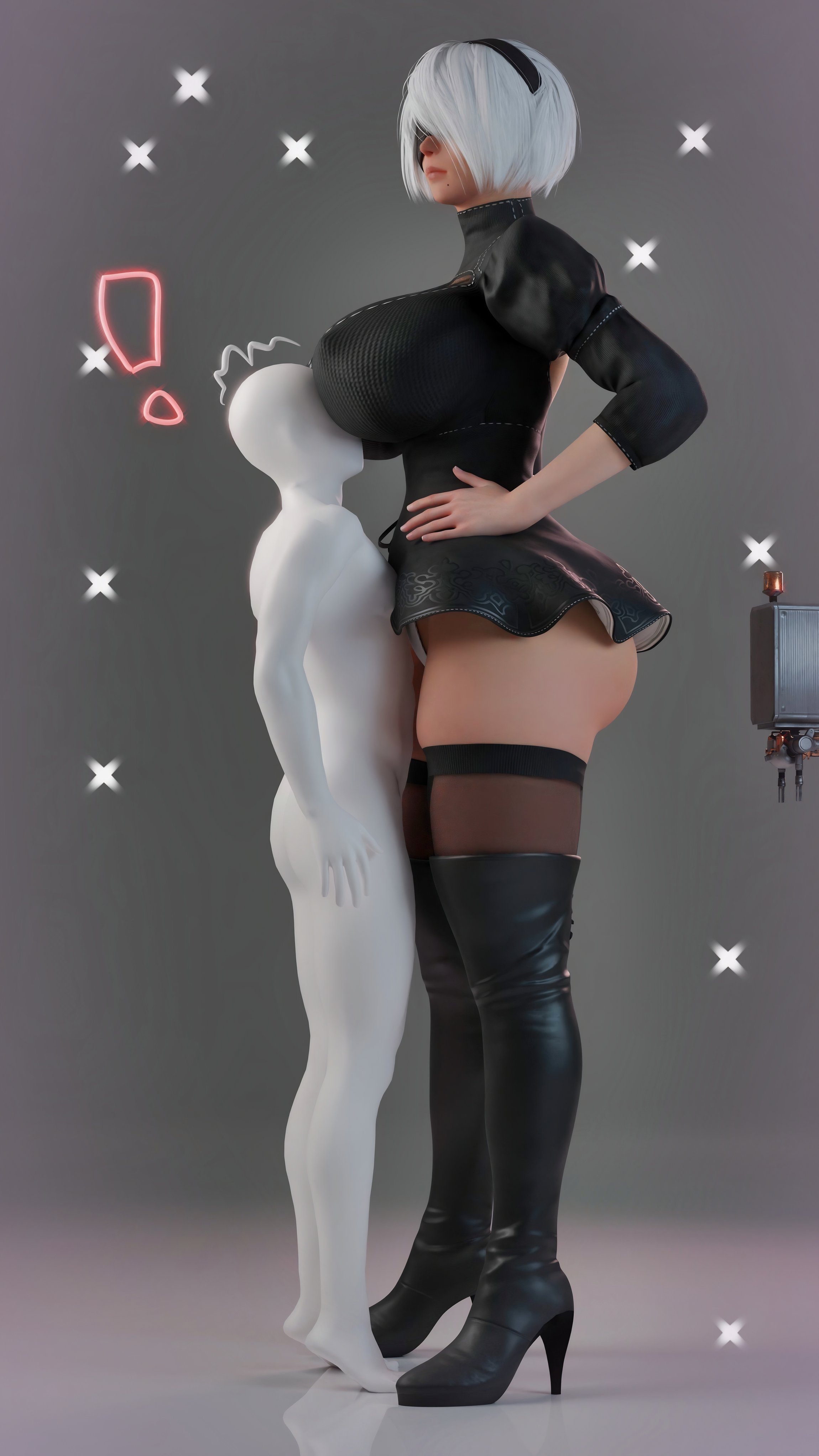 1boy, 1girls, 3d, 3d (artwork), anonymous male, bigger female, clothed, clothed female, female, height comparison, height difference, larger female, light skin, light-skinned female, male, nier, nier (series), nier: automata, ravenkinggts, robot, robot girl, robot humanoid, shorter male, size comparison, size difference, smaller male, taller female, taller woman, video game character, white hair, white-haired female, yorha 2b