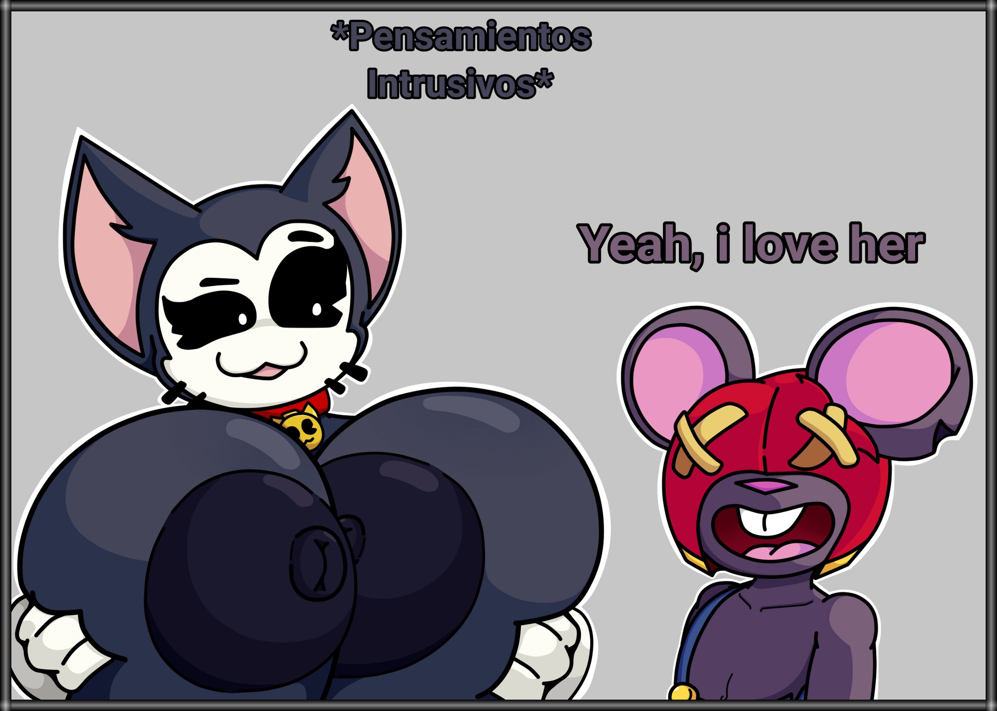 big breasts, black eyes, black fur, black nipples, brawl stars, breasts, cat, cat collar, cat ears, cat girl, cat humanoid, english text, feline, female, gloves, grabbing own breast, grabbing own breasts, gray background, holding breast, holding breasts, kit (brawl stars), looking at another, male, mask, masked, masked male, moe (brawl stars), open mouth, open mouth smile, overalls, pink nose, rat, rat ears, red mask, rifurabbit, rodent, rodent humanoid, rule 63, simple background, spanish text, supercell, tagme, text, white gloves, white pupil, white pupils