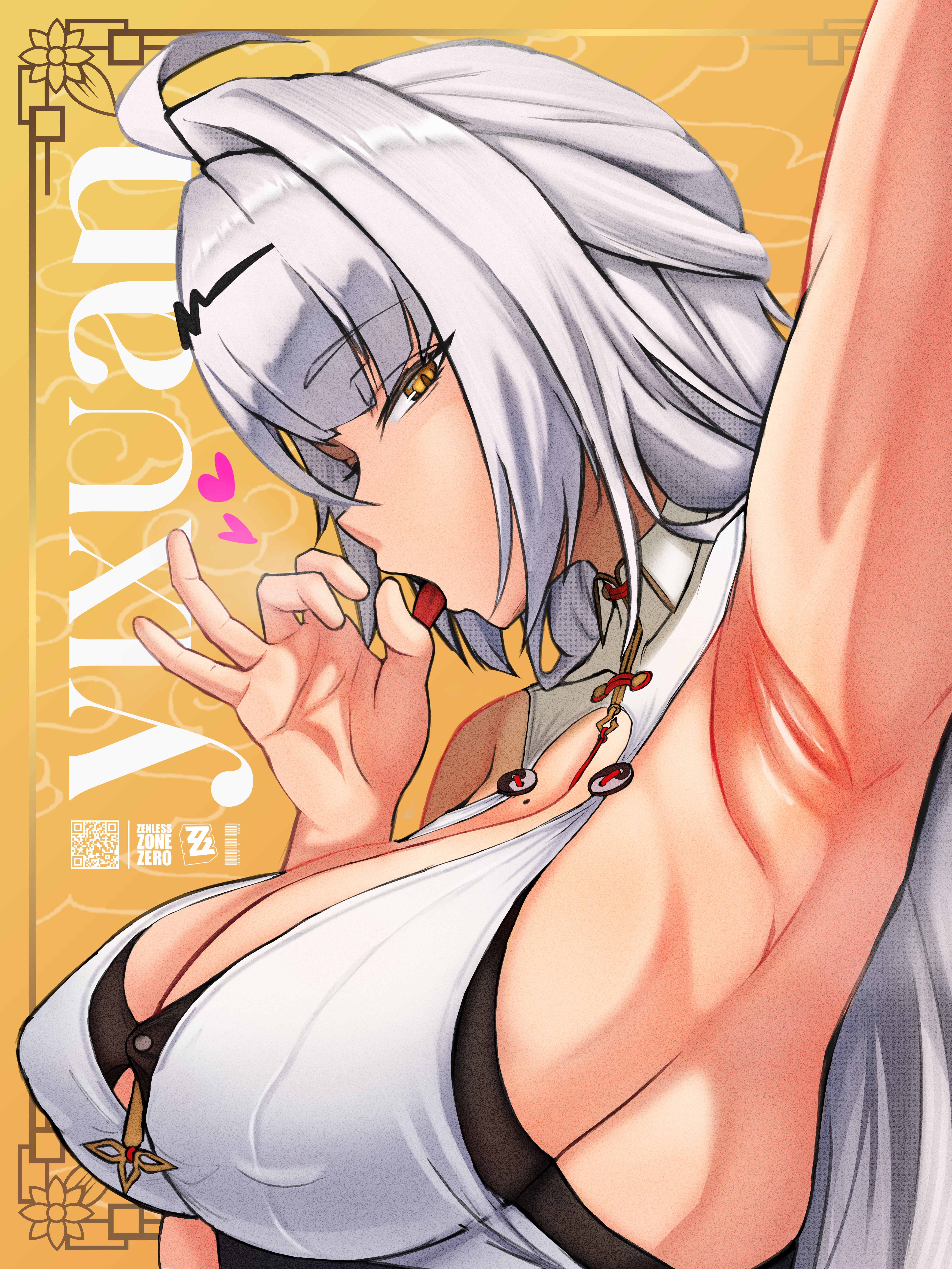 armpits, big breasts, blowjob gesture, breasts, character name, female, golden eyes, holy b. bob, looking at viewer, silver hair, tounge out, yixuan (zenless zone zero), yunkui summit, zenless zone zero