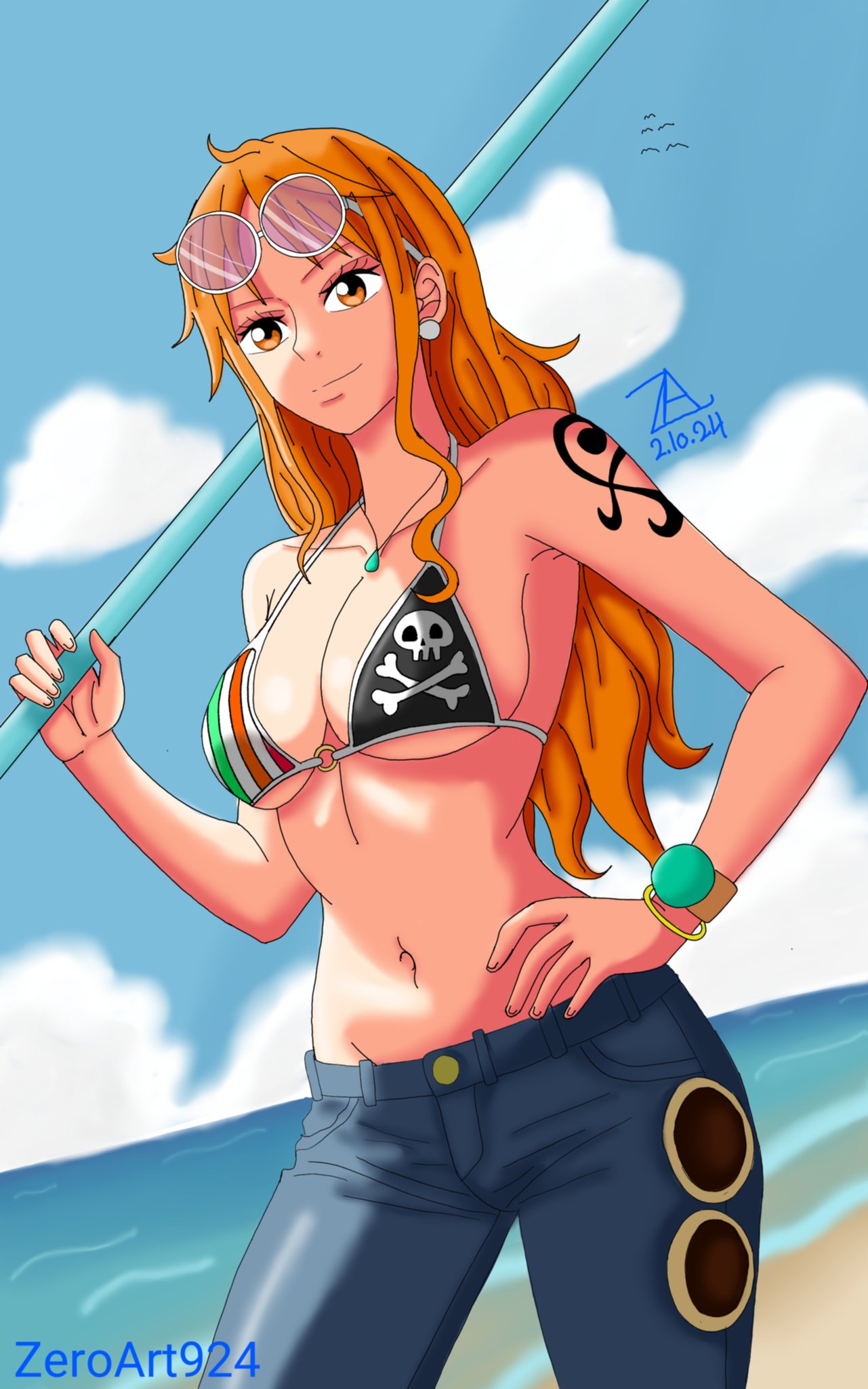 1girls adult adult_female arm_tattoo armpits bare_armpits bare_arms bare_belly bare_chest bare_hands bare_midriff bare_navel bare_shoulders bare_skin beach belly belly_button bikini bikini_top blue_background blue_sky breasts busty busty_female cleavage clouds coast collarbone curvaceous curvaceous_body curvaceous_female curvaceous_figure curvaceous_hips curvy curvy_body curvy_female curvy_figure curvy_hips day daylight daytime earrings elbows exposed_armpits exposed_arms exposed_belly exposed_chest exposed_midriff exposed_navel exposed_shoulders exposed_skin female female_focus female_only fingers high_resolution highres horizon jeans large_breasts lean_figure long_hair looking_at_viewer mature mature_female midriff nami nami_(one_piece) narrow_waist navel ocean one_piece orange_eyebrows orange_eyes orange_eyes_female orange_hair orange_hair_female outdoor outdoors outside sand sea seaside shoulders sky slender_body slender_waist slim_waist solo standing string_bikini sunglasses sunglasses_on_forehead sunglasses_on_head swimsuit swimwear tattoo tattoo_on_arm tattooed_arm thighs upper_body wavy_hair zeroart924