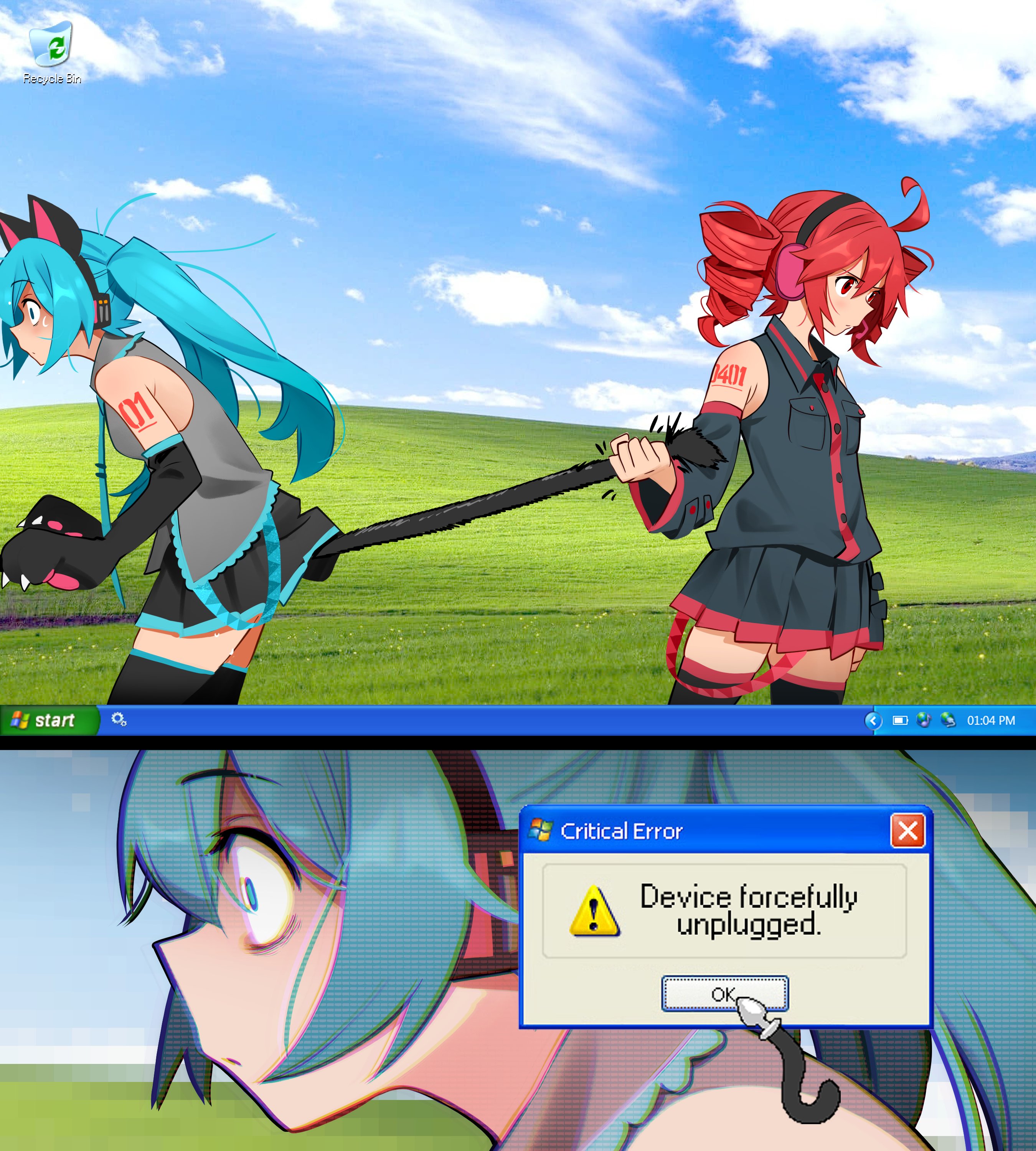 2 panel comic, 2025, 2girls, absurd res, ahoge, anal plug, animal ear headphones, animal ears, animal hands, aqua eyes, aqua hair, bare shoulders, black skirt, black sleeves, bliss (image), blue eyes, blue hair, butt plug tail, buttplug, cat ear headphones, cat ears, cat girl, cat paws, cat tail, cat tail buttplug, catgirl, cloud, comedic, comedy, comic, critical error, day, detached sleeves, drill hair, ear muffs, english text, error, fake animal ears, fake screenshot, female, funny, glitch, gloves, grey shirt, hatsune miku, headphones, headset, holding, humor, kasane teto, khyleri, long hair, meme, meme reference, miniskirt, mortified, multiple girls, outdoors, paw gloves, pleated skirt, pulling, red eyes, red hair, shirt, shocked, short skirt, shoulder tattoo, skirt, sky, sleeveless, sleeveless shirt, stockings, system error, tail, tattoo, thighhighs, twin drills, twintails, twitter link, twitter username, utau, vocaloid, wide-eyed, windows xp, windows xp home, zettai ryouiki