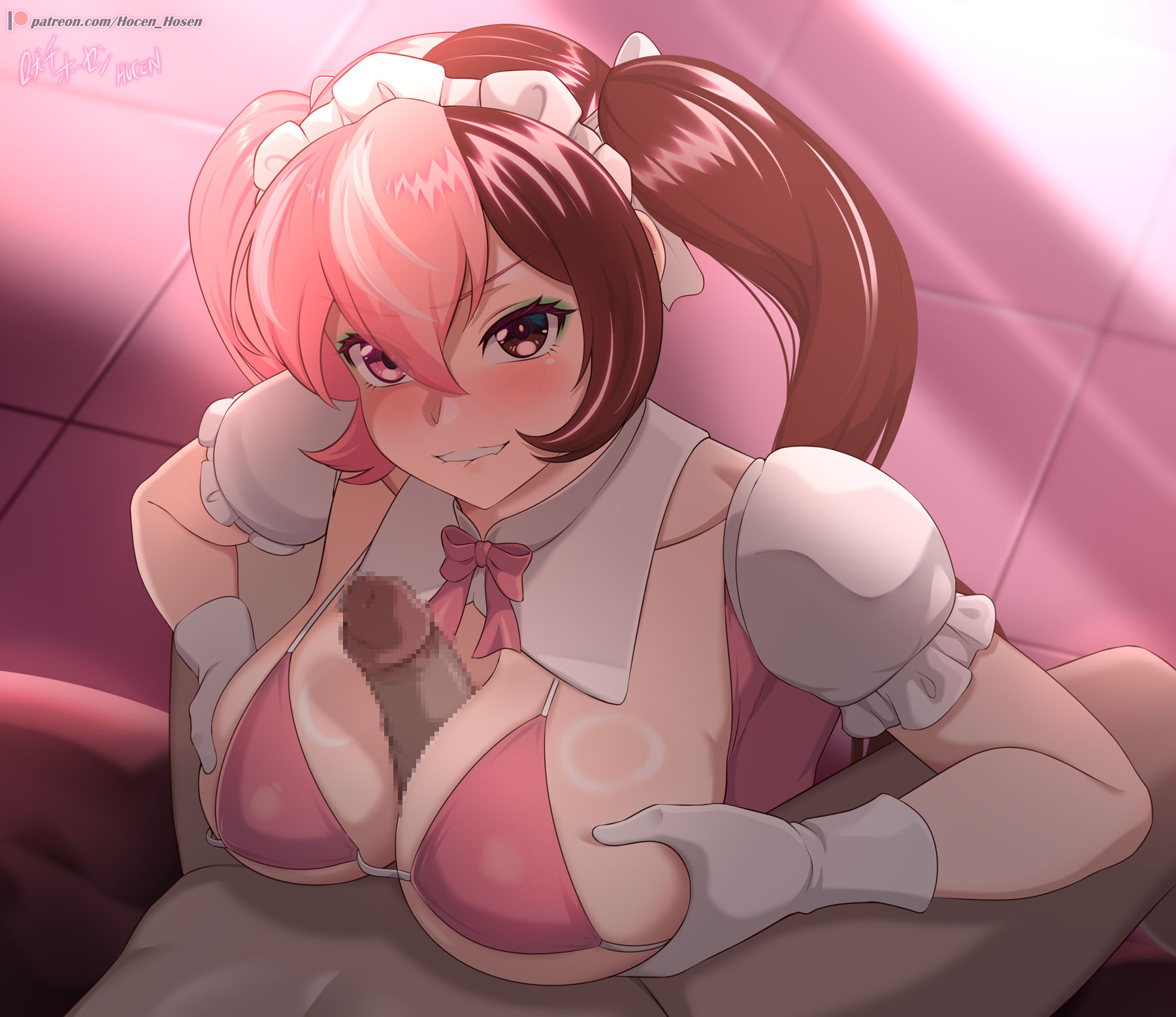 1boy, 1girls, alternate hairstyle, artist name, assertive, assertive female, big breasts, big penis, bikini top only, biting lip, biting own lip, breasts, brown eyes, brown hair, busty, censored, cleavage, female, hair ribbon, hi res, hocen, large breasts, looking at viewer, maid, maid headdress, male, naughty face, neo (rwby), paizuri, penis, pink eyes, pink hair, pose, posing, pov, rwby, self fondle, smile, solo, twintails, voluptuous