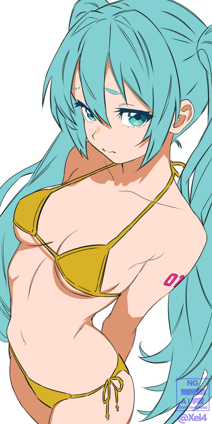 1girl, 1girls, aqua eyebrows, aqua eyes, aqua hair, arms behind back, artist name, bikini, breasts, closed mouth, collarbone, embarrassed, female, gold bikini, golden bikini, hair between eyes, halterneck, hatsune miku, light skin, light-skinned female, long hair, looking at viewer, medium breasts, navel, number tattoo, side-tie bikini bottom, simple background, solo, string bikini, swimsuit, tattoo, twintails, very long hair, white background, xel4, yellow bikini, yellow bikini bottom, yellow bikini top
