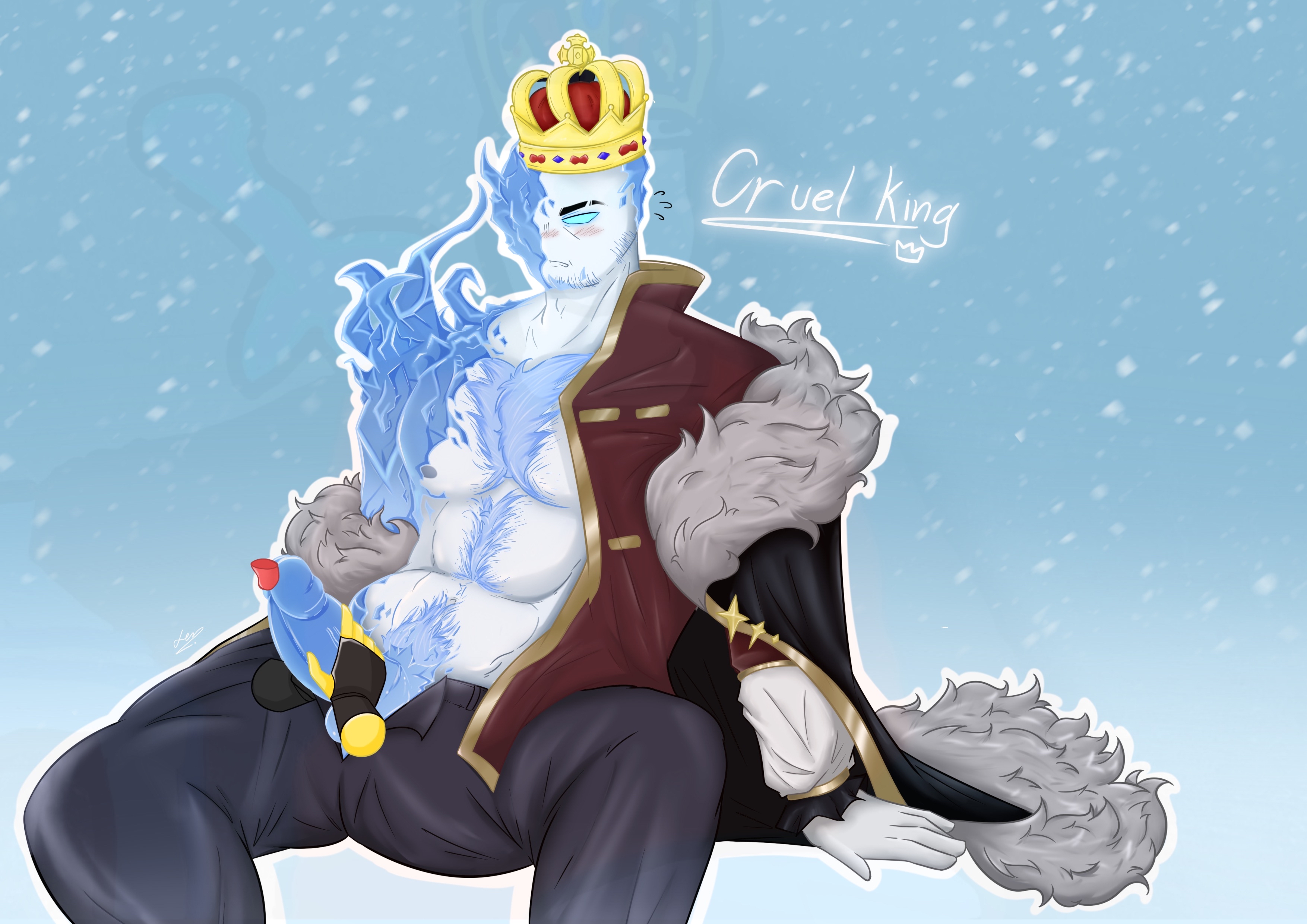 2boys, block tales, blowjob, blue background, blue eyes, blue hair, blush, body hair, character name, chubby, crown, cruel king (block tales), disembodied hands, disembodied tongue, embarrassed, embarrassed male, freaky cruel king before gta6, gay, gloves, half dressed, handjob, hands on penis, holding penis, ice, king, letsmeguideyou, male, male only, penis, player (block tales), roblox, roblox game, robloxian, spread legs, yaoi, yellow hands