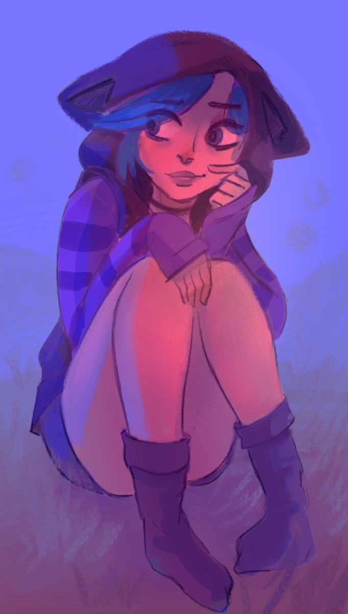 1girls, 2025, 2d, 2d (artwork), blue hair, digital drawing (artwork), eve (summertime saga), fanart, female, female focus, female only, hood, hood up, hoodie, kerzidr, light skin, light-skinned female, long socks, pose, posing, rickterdestroyer, showing off, shy, sitting, smile, smiling, socks, summertime saga, teenage female, teenager, watermark