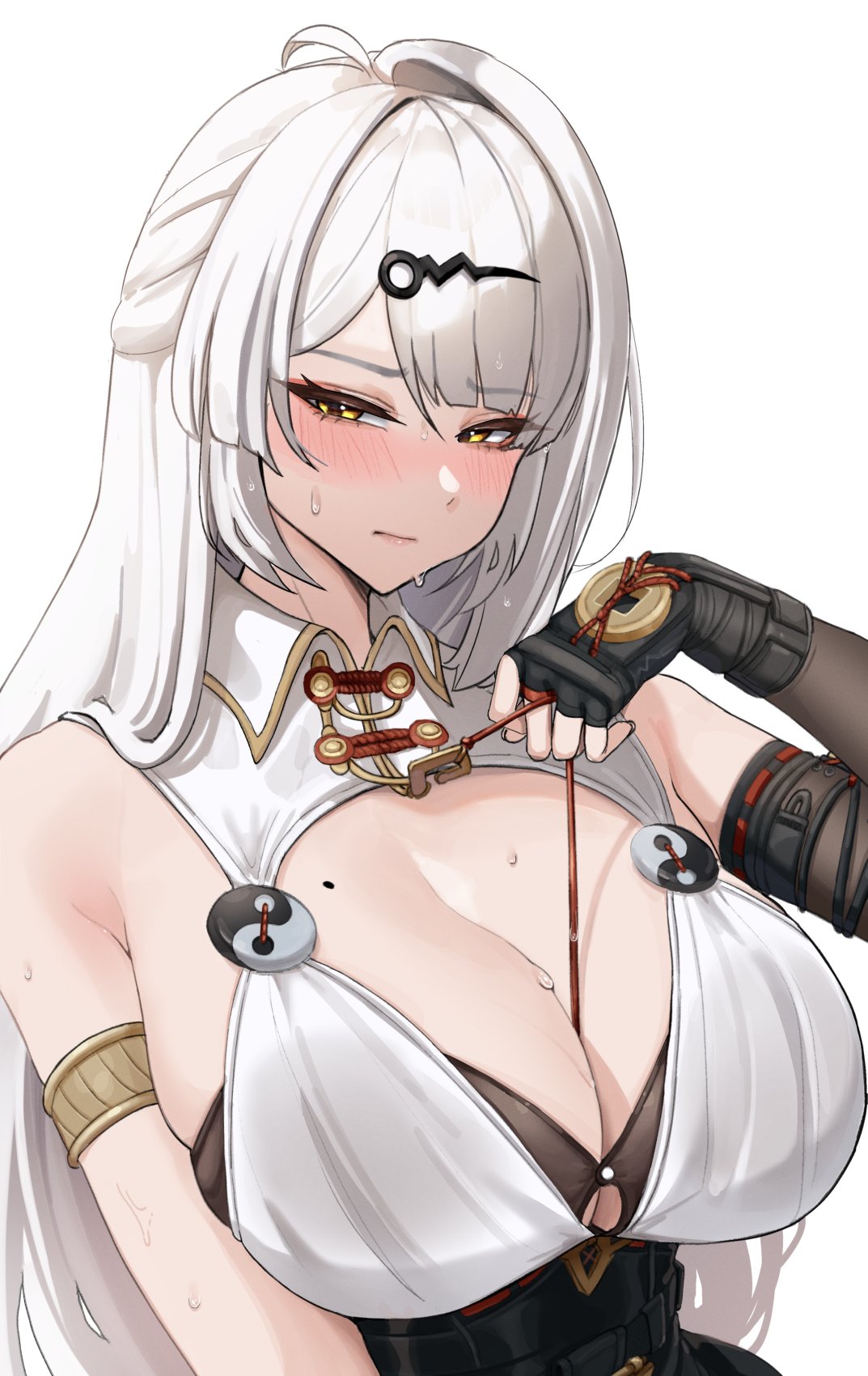 1girls, ahoge, big breasts, black gloves, breasts, cleavage, commentary, english commentary, female, female only, fingerless gloves, gloves, grey hair, hair ornament, highres, jacket, joosi, large breasts, long hair, shirt, solo, white hair, yellow eyes, yin yang pin, yixuan (zenless zone zero), yunkui summit, zenless zone zero
