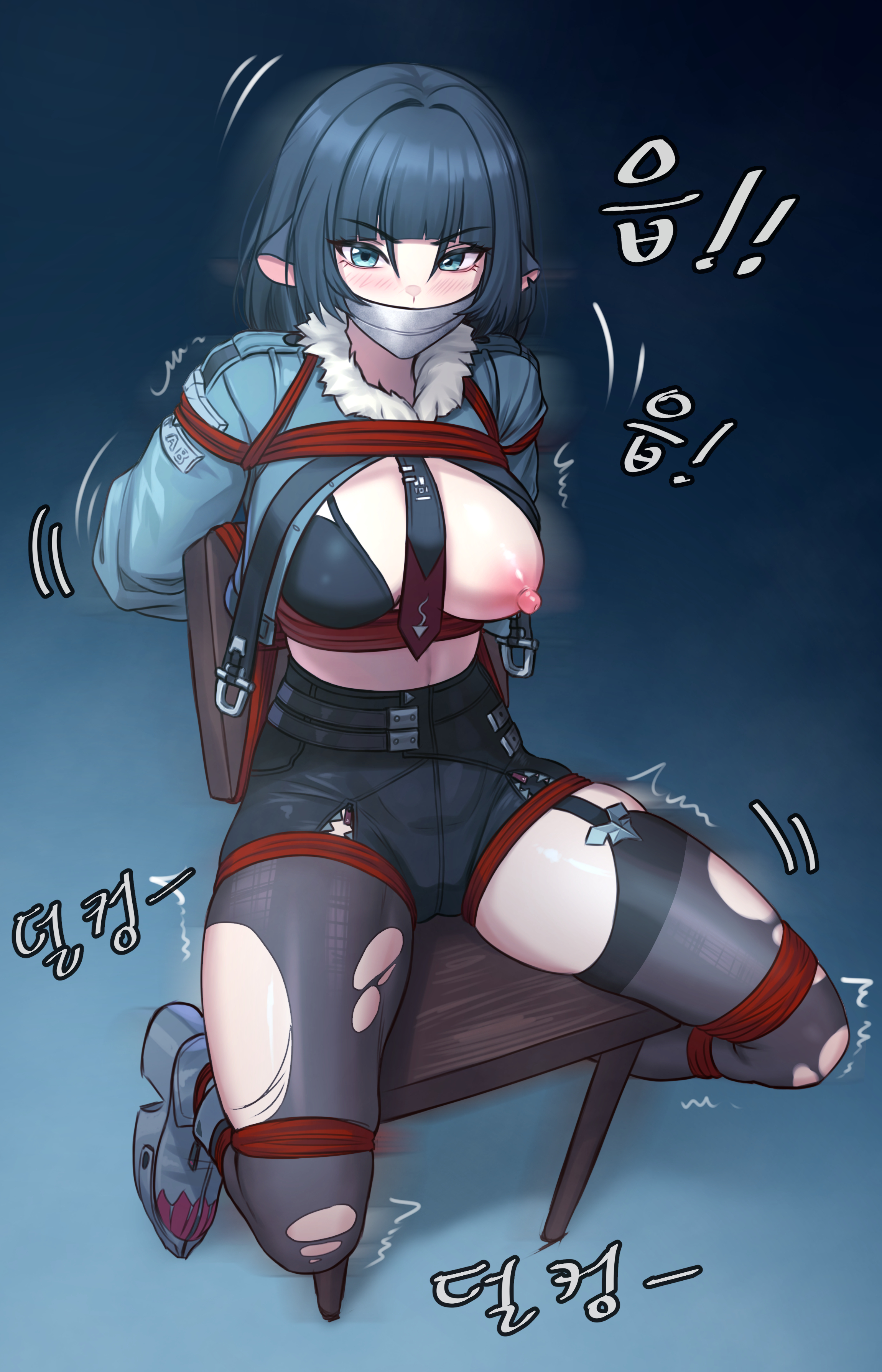 1girls, arm behind back, arms behind back, big breasts, black hair, black-haired female, blue eyes, blue-eyed female, blunt bangs, bondage, breasts, dark background, eyebrows visible through hair, female, female only, fintowing, frown, frown eyebrows, frowning, frowning at viewer, hand behind back, hands behind back, hourglass figure, jane doe (zenless zone zero), large breasts, lean figure, legs apart, legs spread, narrow waist, plump breasts, slender body, slender waist, slim waist, spread legs, spreading legs, spreading thighs, tied, tied hands, tied legs, tied to chair, tied to pole, tied up, wide hips, zenless zone zero