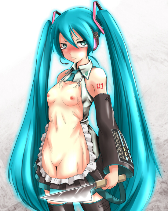 apron aqua_eyes aqua_hair blush breasts detached_sleeves embarrassed hatsune_miku knife long_hair parody pun pussy skirt tears thighhighs tied_hair too_literal twintails very_long_hair vocaloid