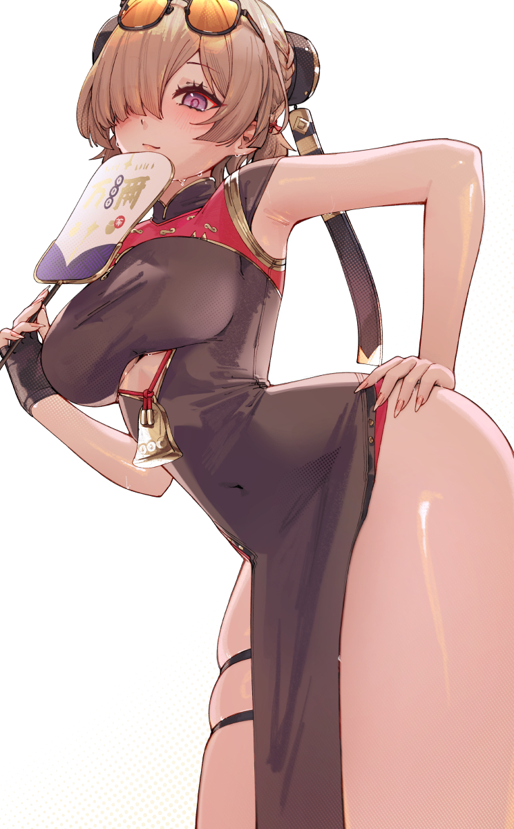 ahoge arched_back black_dress blonde_hair breasts china_dress chinese_clothes clothing_cutout commentary_request cowboy_shot dress eyewear_on_head female female_only female_solo fingerless_gloves girl_only girl_solo gloves hair_over_one_eye hand_fan hand_on_own_hip highres holding holding_fan large_breasts looking_at_viewer only_female only_girl only_woman pink_nails purple_eyes solo solo_female solo_girl solo_woman sunglasses sweety_(zenless_zone_zero) thigh_strap thighs tinted_eyewear tuanshan underboob_cutout waytok white_background woman_only woman_solo zenless_zone_zero