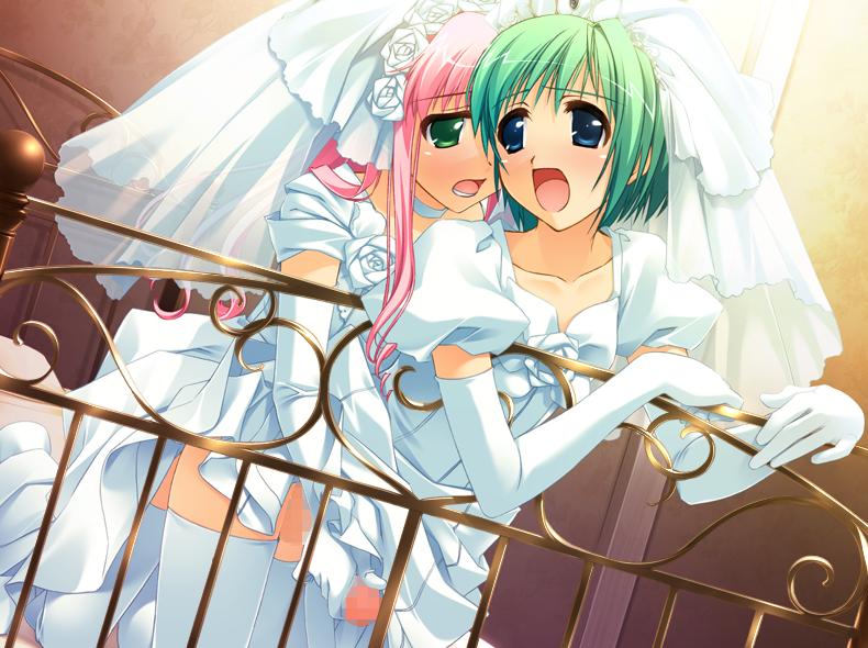 2boys anal anal_sex androgynous bed blue_eyes bride censored clothed_sex femboy game_cg girly green_eyes green_hair handjob josou_seme male male_bride male_only mosaic_censoring narumi_suzune ootomo_maki ooyama_rui oto_puri penis penis_under_dress pink_hair reach_around sex trap trap_on_trap wedding_dress wedding_veil yaoi